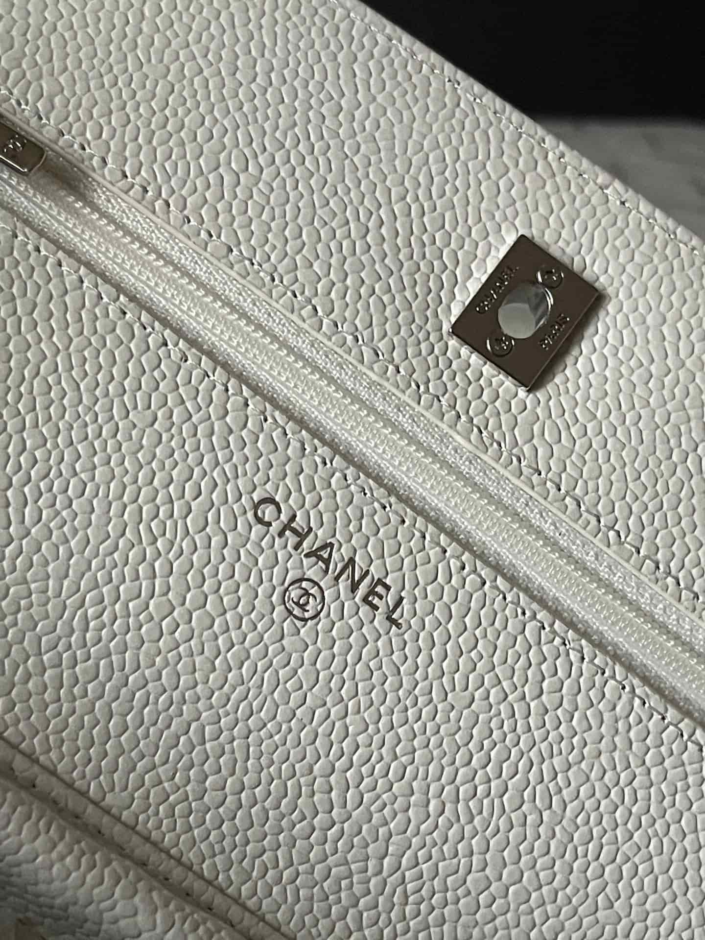 Chanel Classic Wallet on Chain Grained Shiny Calfskin & Silver-Tone Metal AP4241 White A
