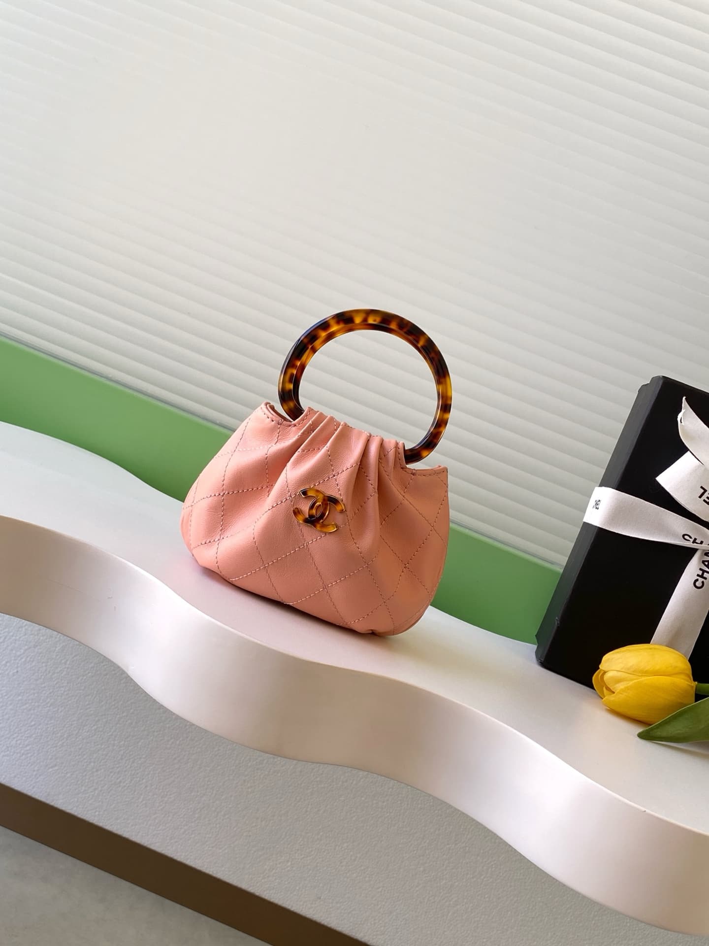 Chanel Mini Hobo Bag Lambskin-Shell Effect Plexi & Gold-Tone Metal Pink AS4981 High