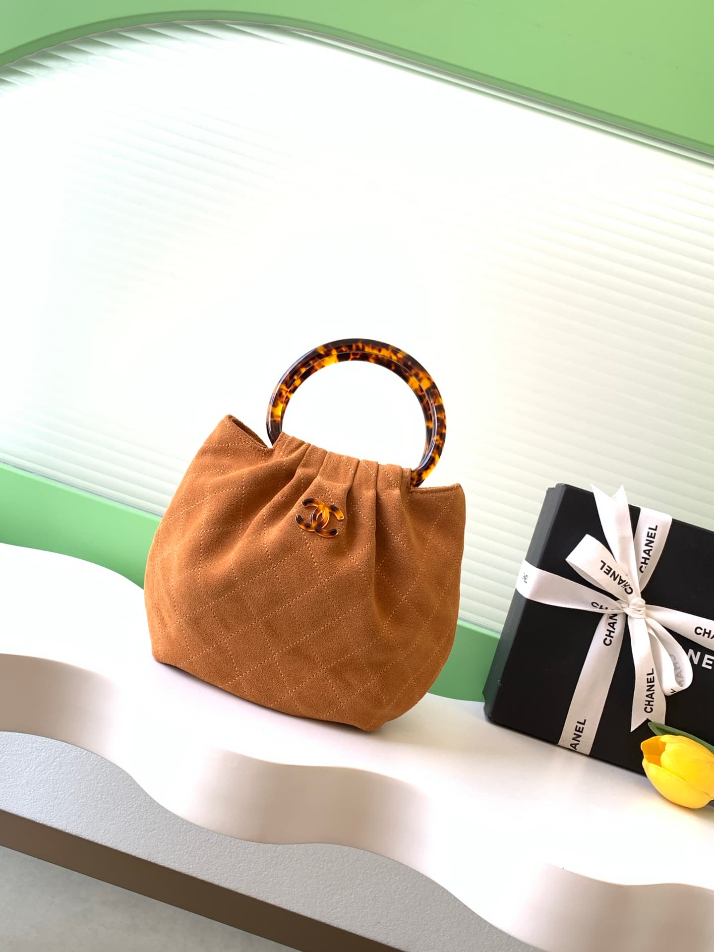 Chanel Small Hobo Bag Suede Calfskin Turtoise-Shell Effect Plexi & Gold-Tone Metal Camel AS6022 High