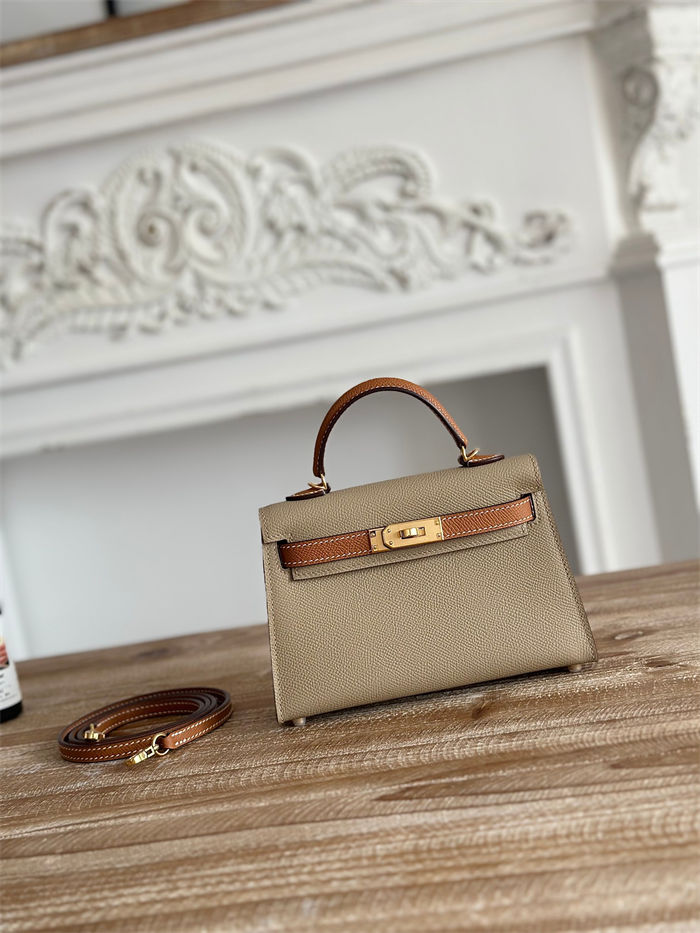 Hermes Kelly Mini II Bag Epsom Leather WAX-Bicolor Trench/Gold High