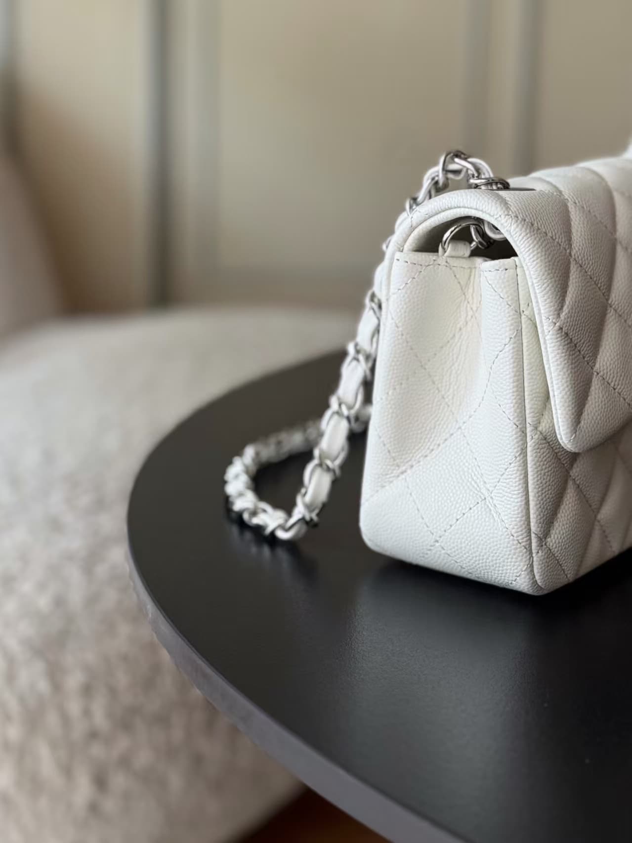 CHANEL Mini Classic Handbag Grained Calfskin & Silver-tone Metal A69900 White TOP