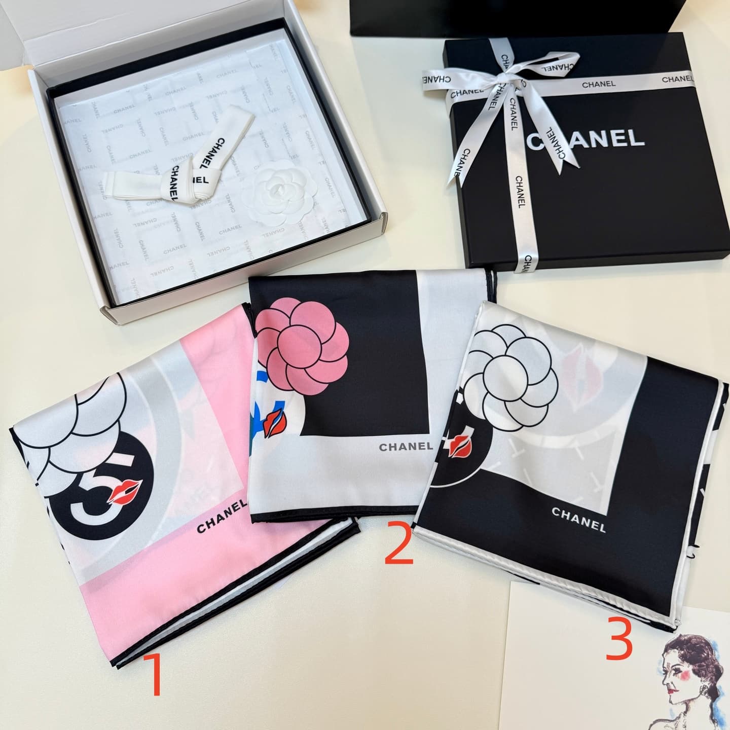 Chanel Silk CC Logo Camellia Scarf
