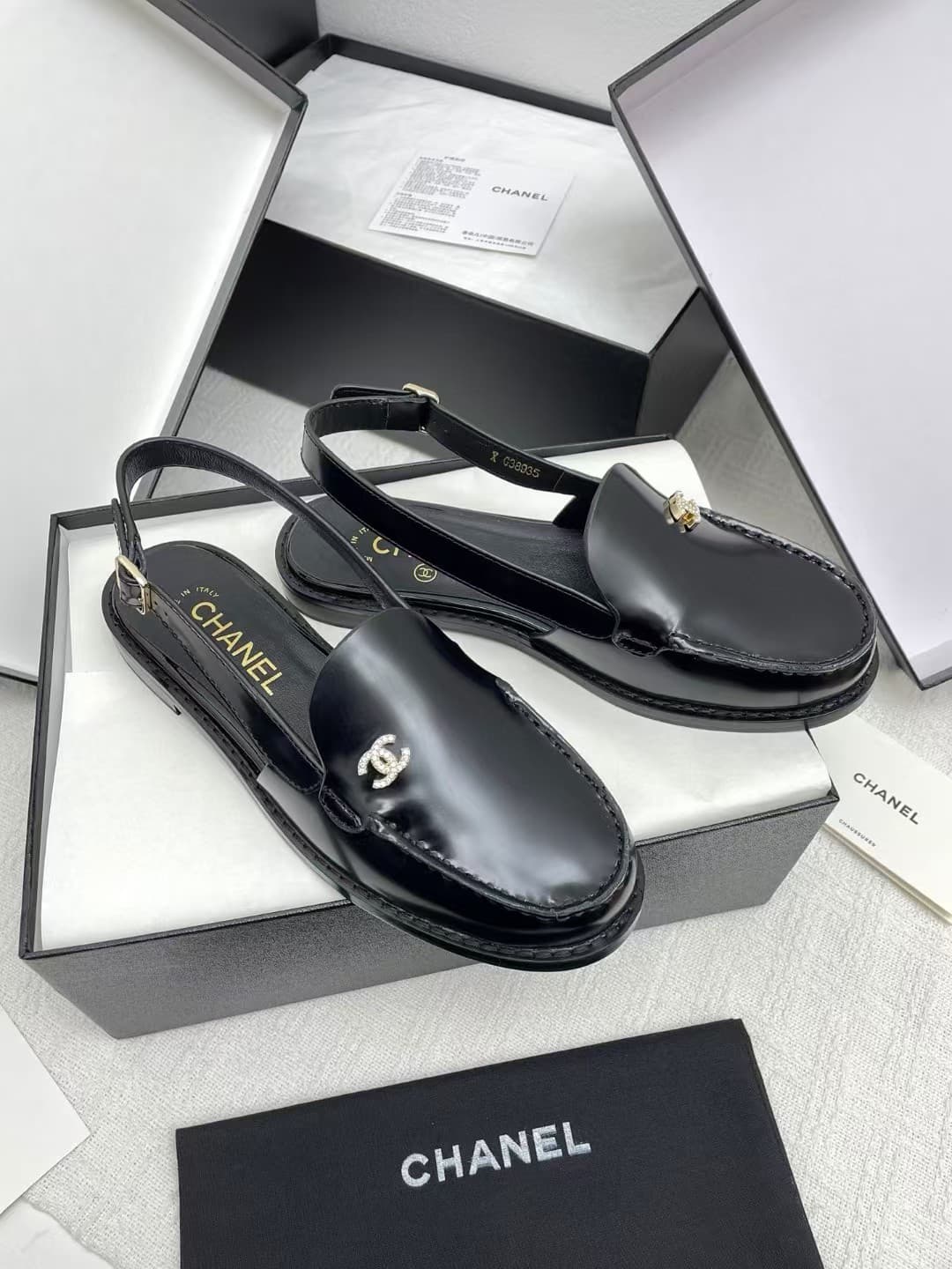 Chanel Diamante Slingback Loafers in Black Leather