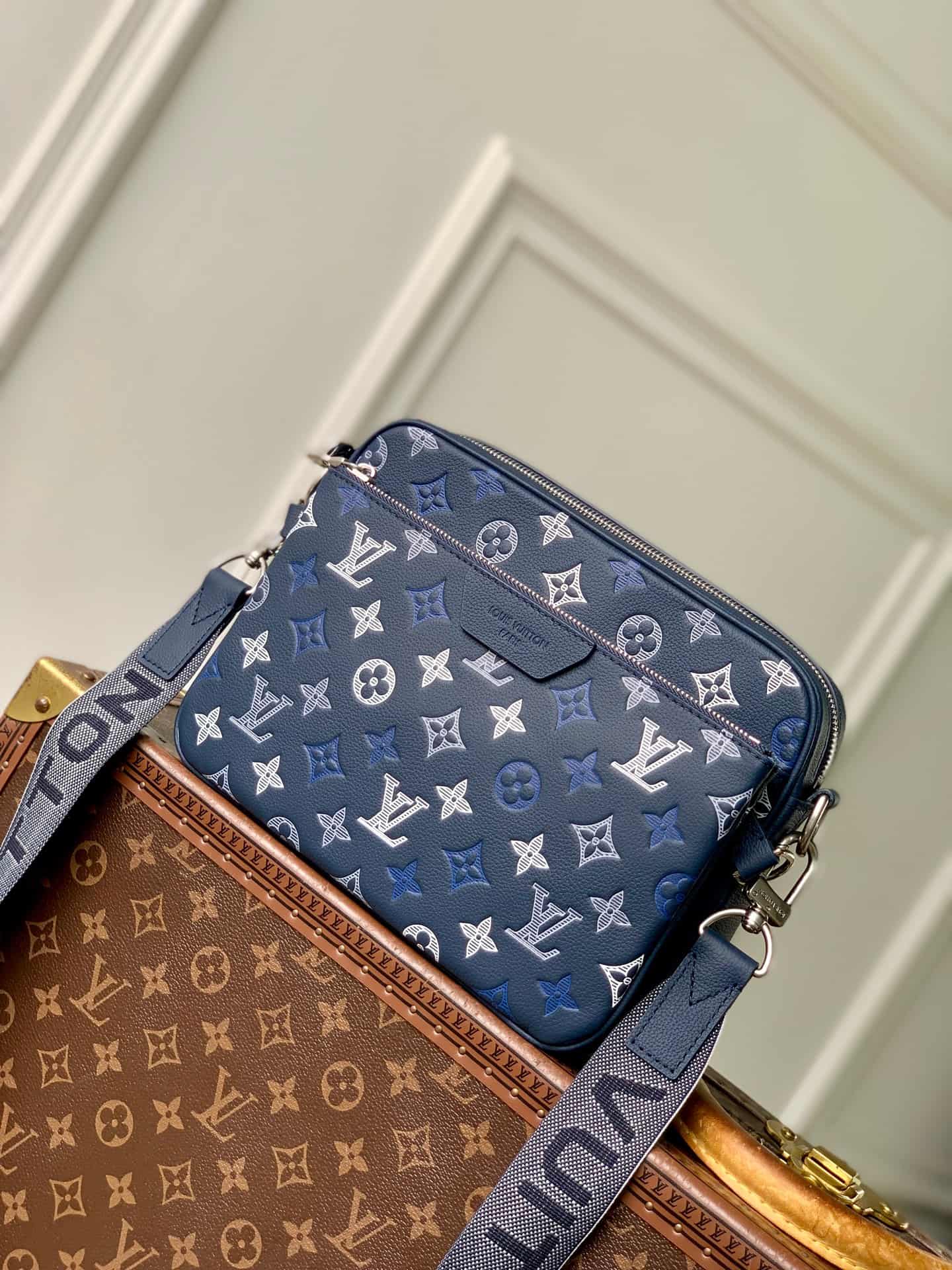 Louis Vuitton Trio Messenger Navy Blue Monogram Shadow calfskin leather M28618 High