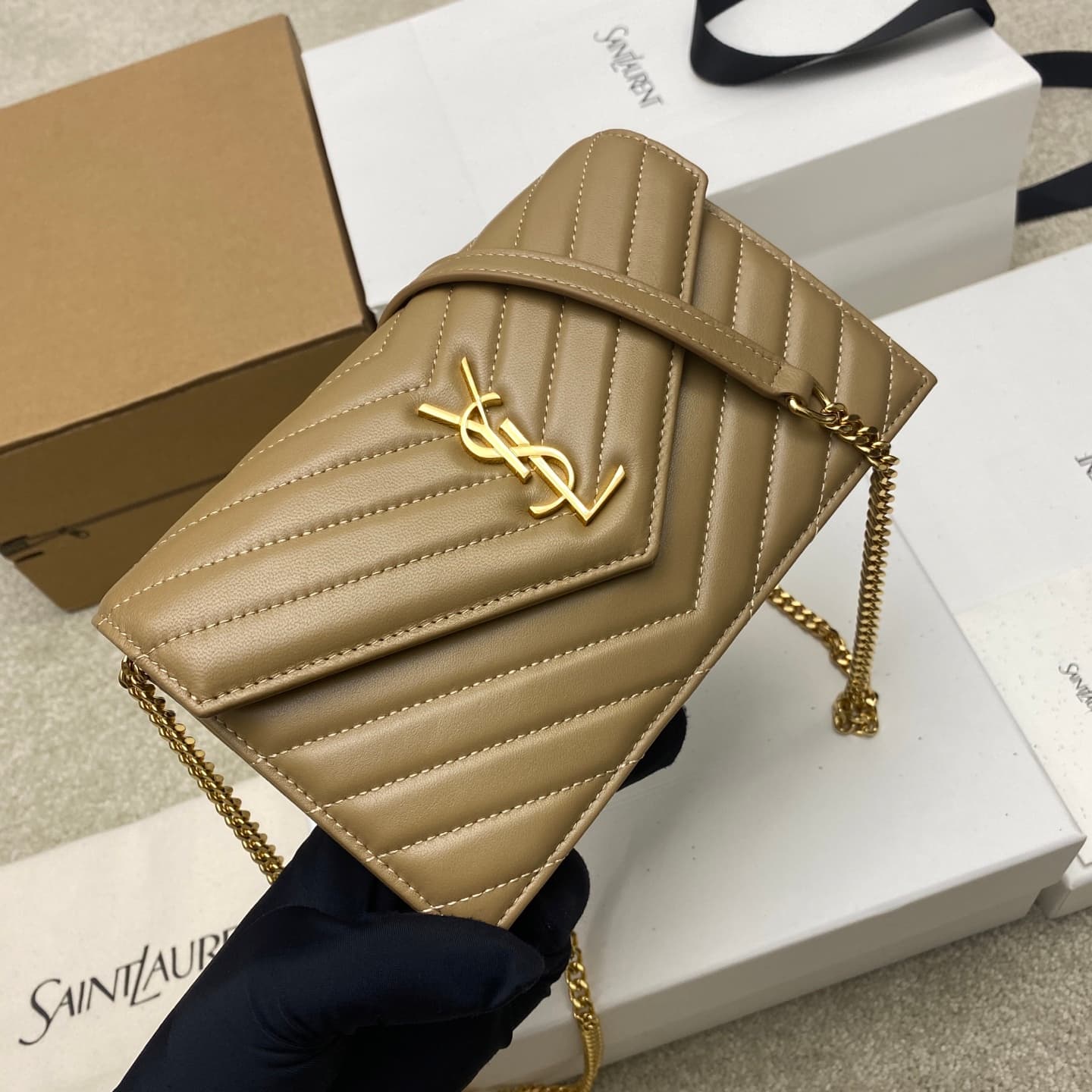 Saint Laurent Monogram Matelassé Cassandre Wallet on Chain Milk Tea Apricot Lambskin 393953 High