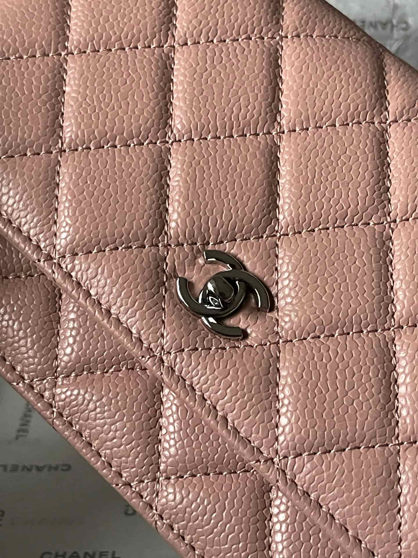 Chanel Classic Wallet on Chain Grained Shiny Calfskin & Silver-Tone Metal AP4241 Light Pink A
