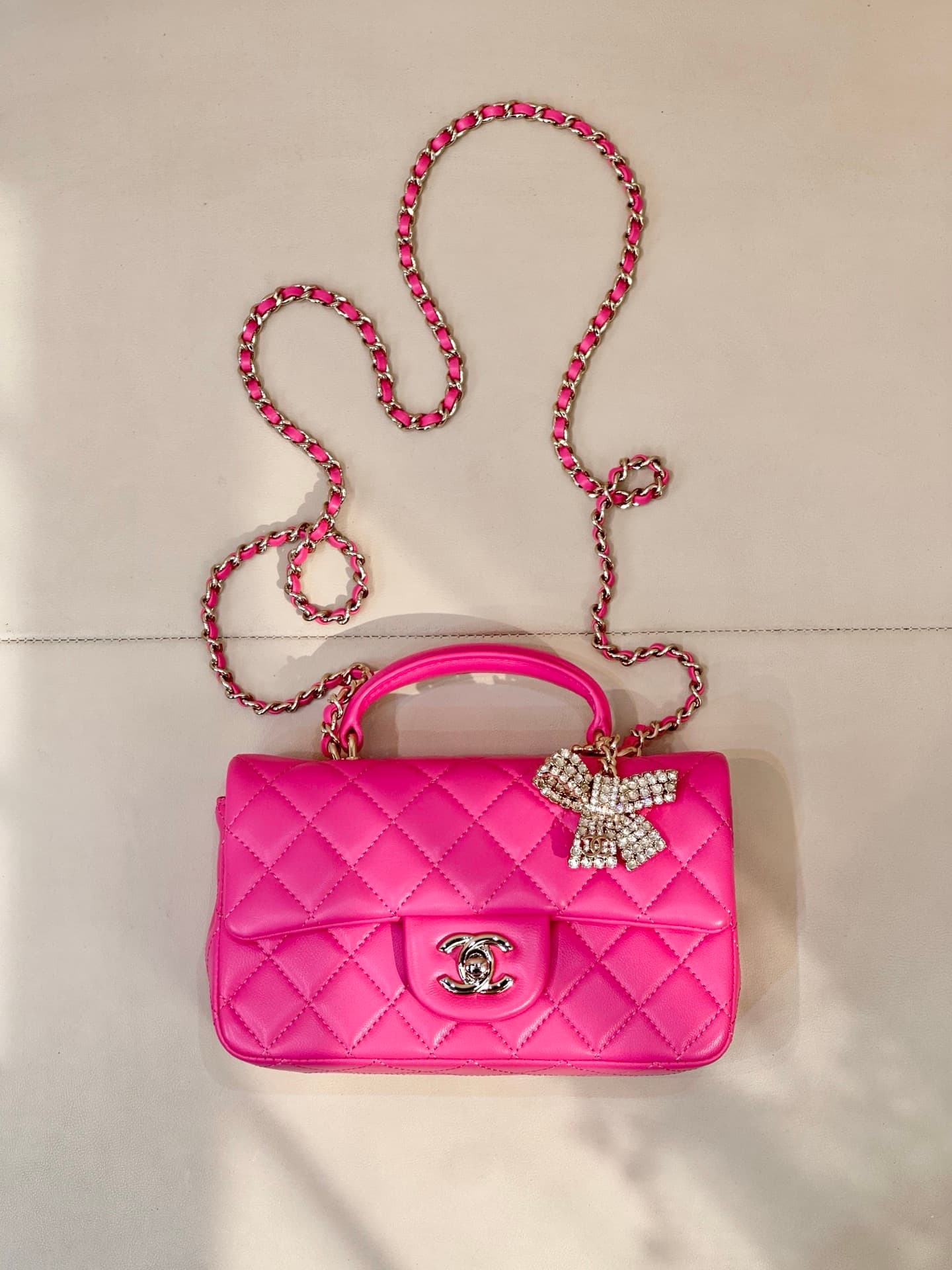 Chanel Mini Classic Handbag Lambskin Strass & Gold-Tone Metal AS2431 rose red TOP