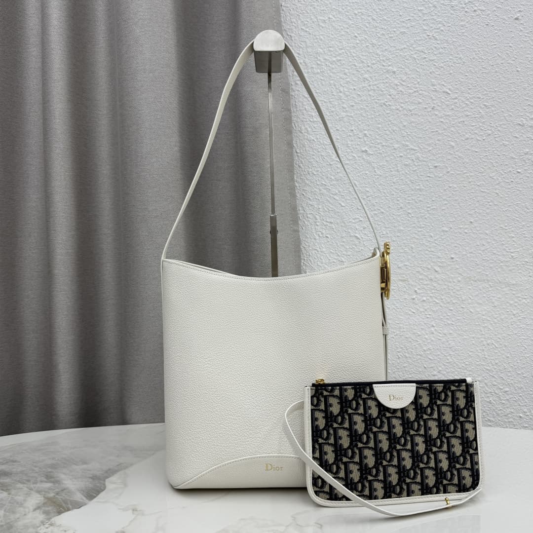 Dior Medaillon Bucket Bag in White Grained Calfskin High