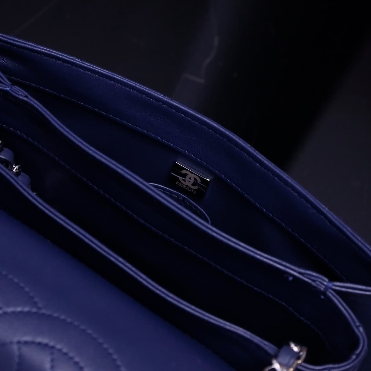 SMALL FLAP BAG WITH TOP HANDLE Lambskin Silver Metal Drak Blue A
