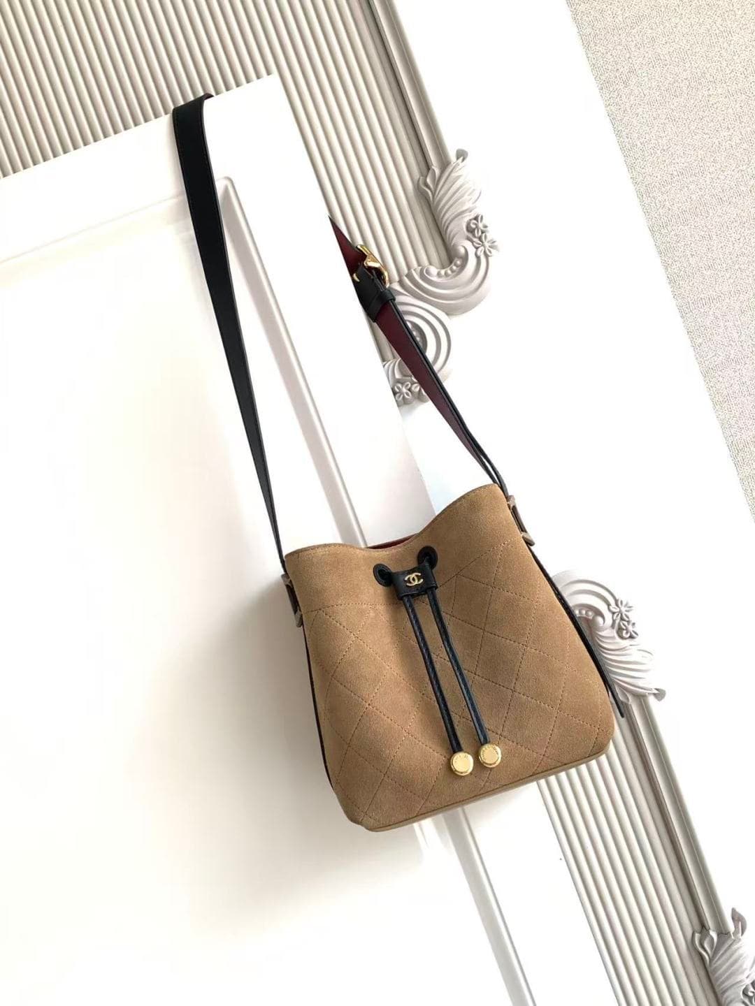 Chanel Small Bucket Bag Suede Calfskin & Gold-Tone Metal Dark Beige AS6537 A