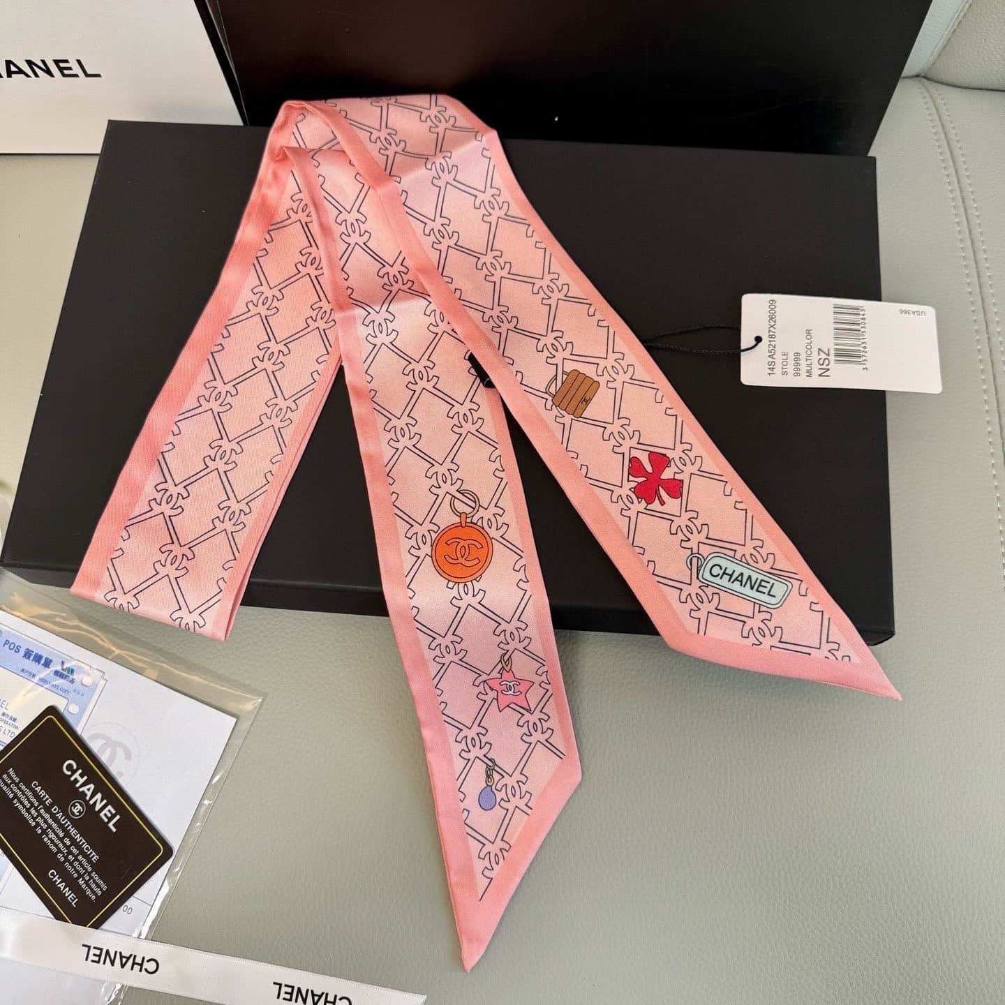 Chanel Pink Lucky Charm Silk Twilly Bandeau Scarf