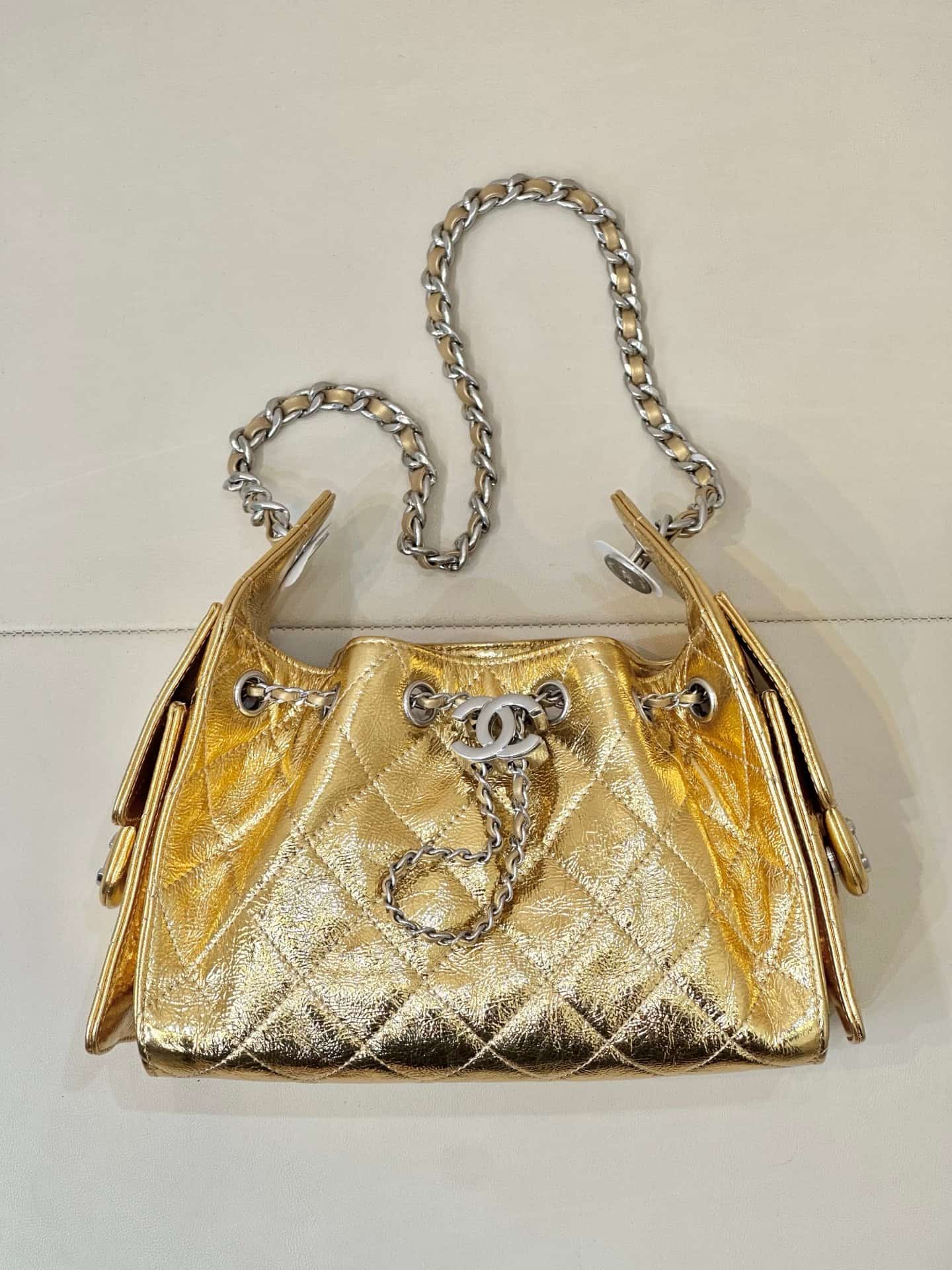 Chanel 25 Mini Hobo handbag AS5631 Metallic Calfskin & Gold-Tone Metal Silver TOP