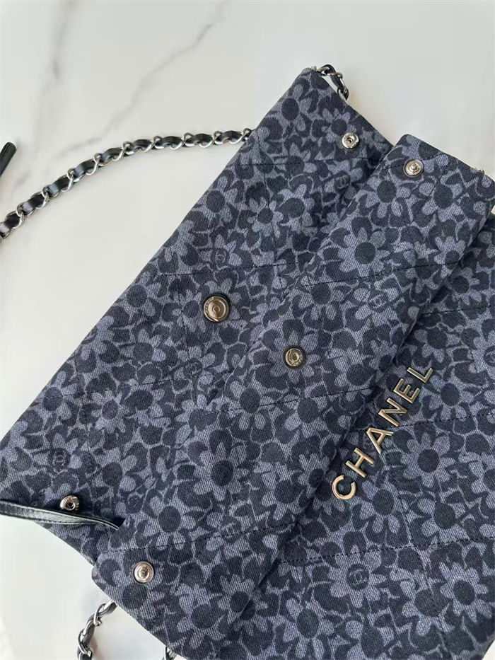 Chanel 22 SMALL HANDBAG Printed Denim & Silver-Tone Metal AS3260 High