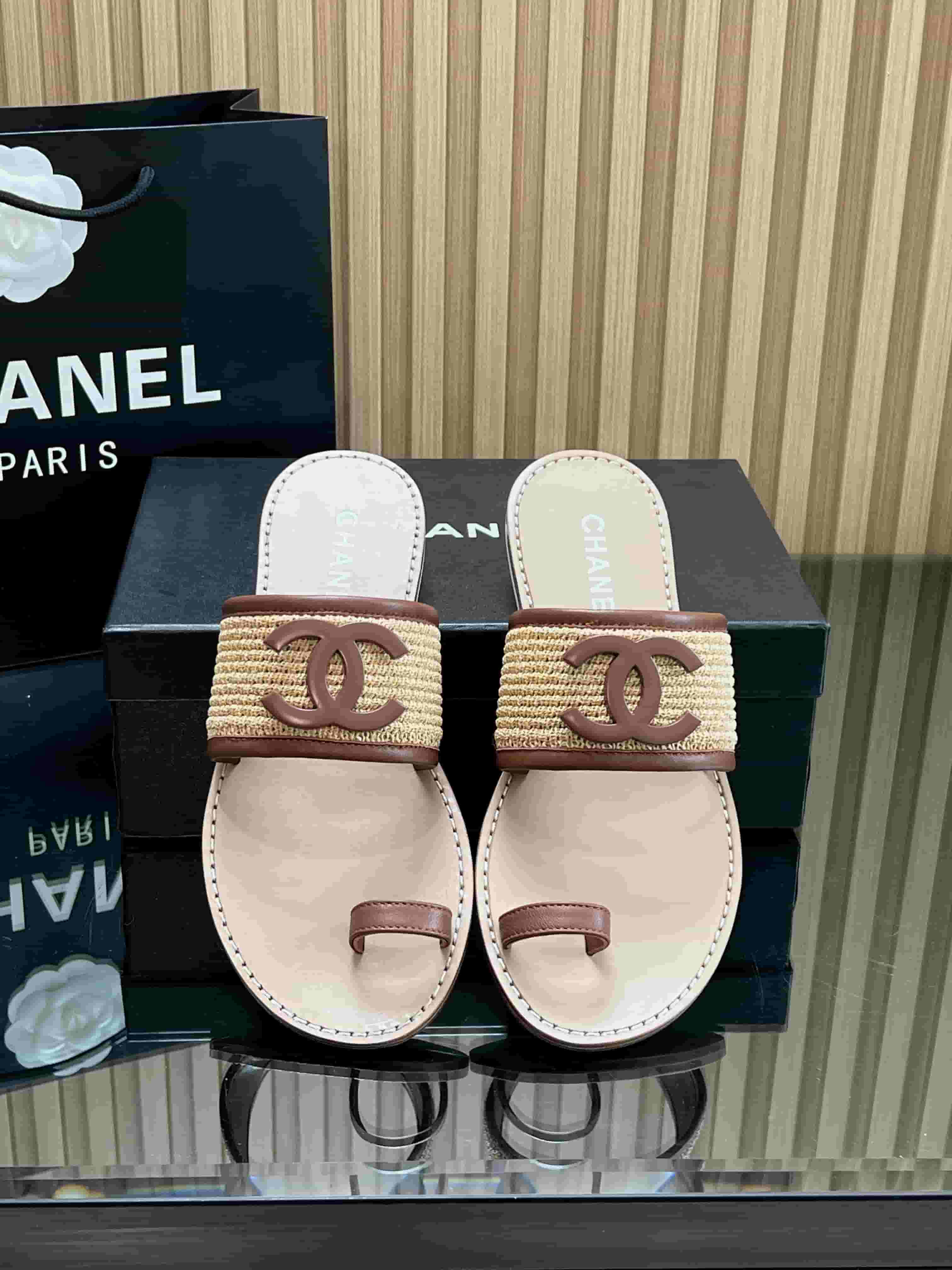 Chanel Raffia & lambskin Mules