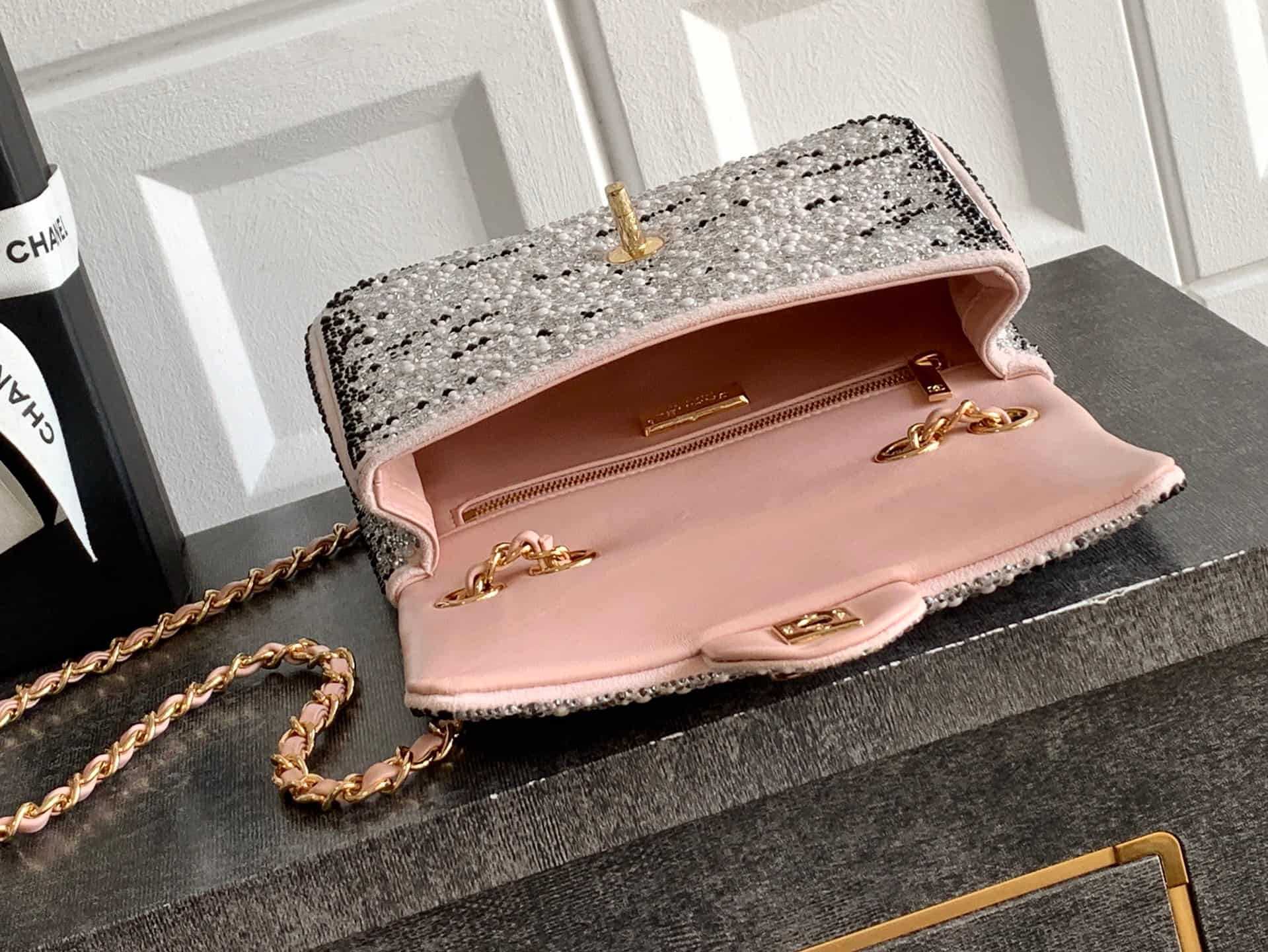 Chanel Classic Mini Flap Bag Strass Imitation Pearls & Gold-Tone Metal  Dark Pink 6171 A
