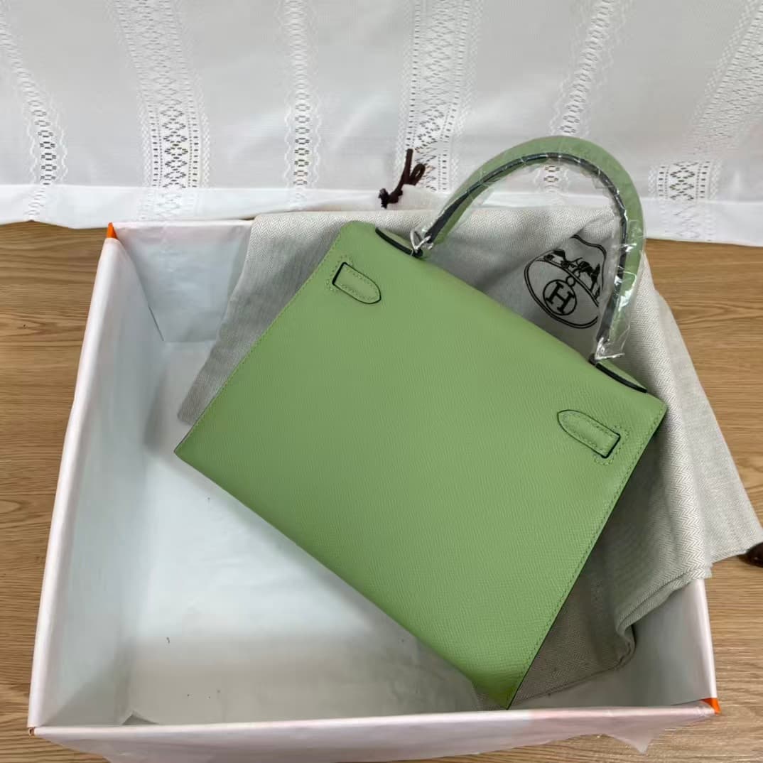 Hermes Kelly 25/28cm Sellier Bag Epsom Leather Silver/Gold Metal In Vert Criquet WAX High
