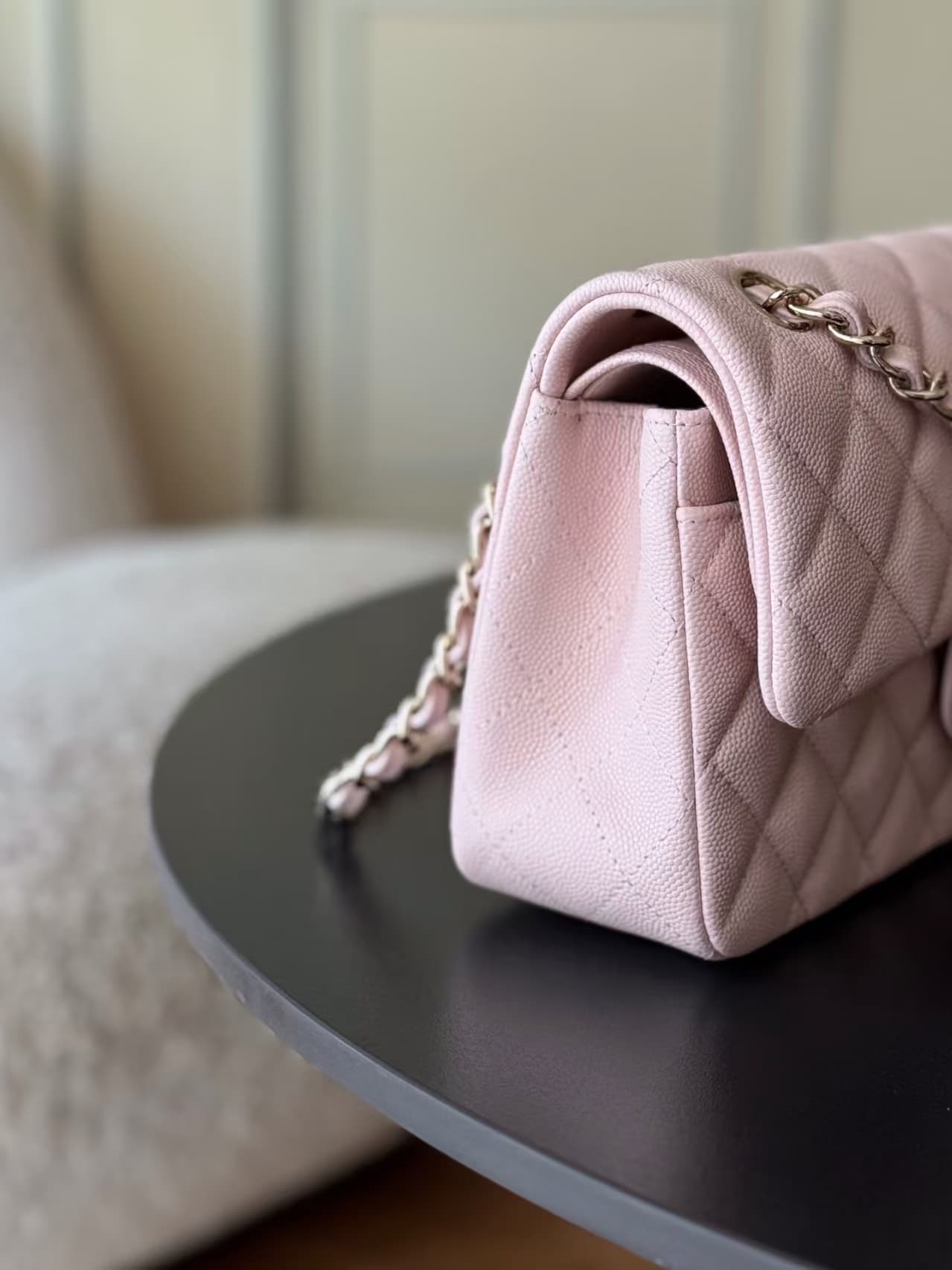 Chanel Small CLASSIC HANDBAG Grained Calfskin Gold-Tone Metal Pink 1117 TOP