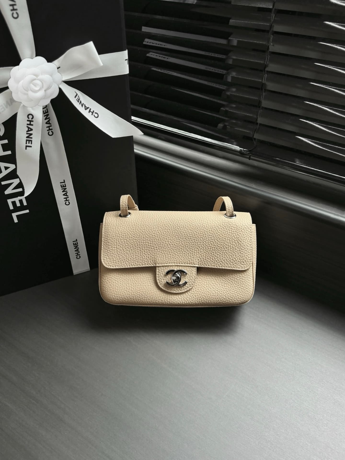 CHANEL Mini flap bag Grained Calfskin&Silver-tone metal Beige AS6573 A