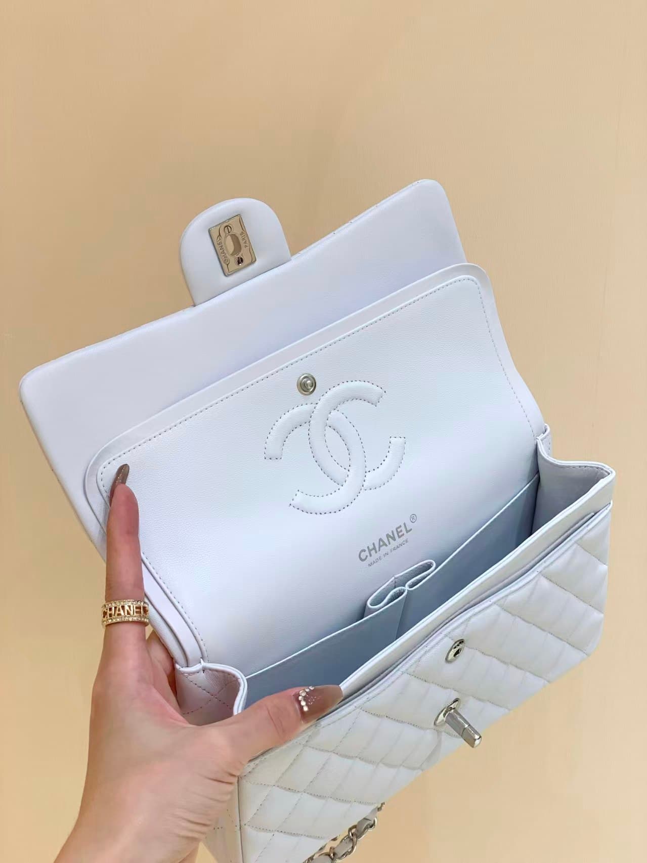 Chanel Medium CLASSIC HANDBAG Lambskin Silver-Tone Metal White TOP