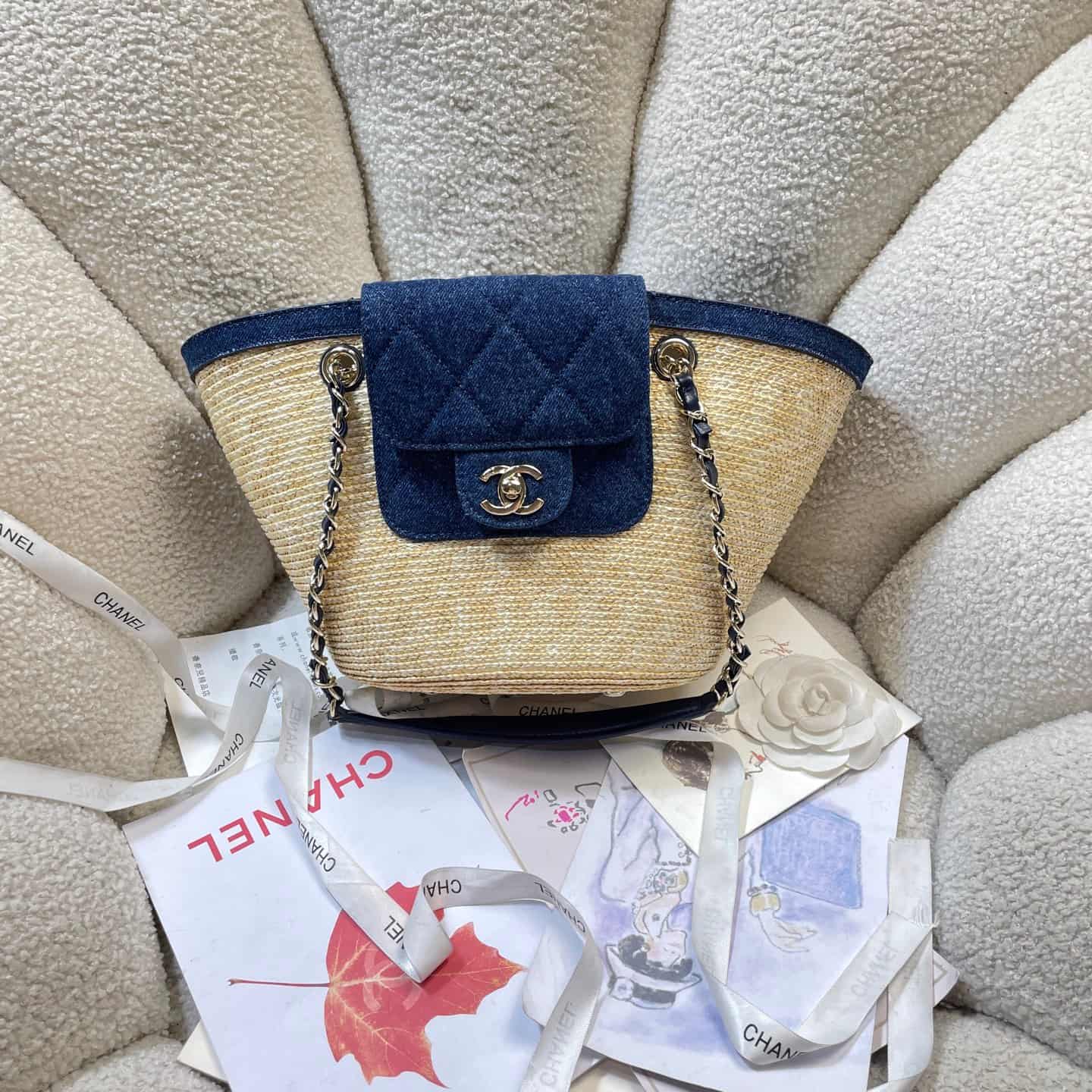 Chanel Coco Beach Small Shopping Bag Braided Straw & Gold-Tone Metal Beige & Blue AS5951 A
