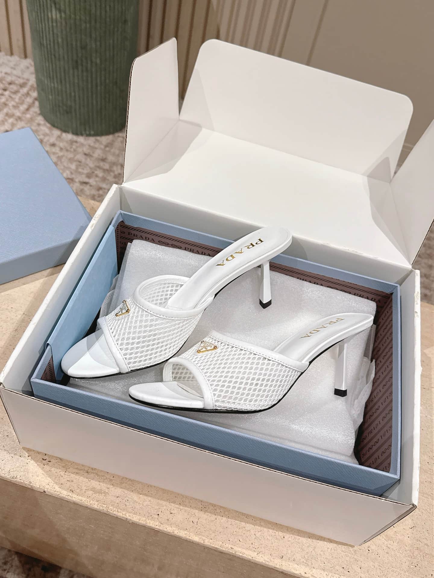 Prada Triangle Logo Mesh Slide Sandals