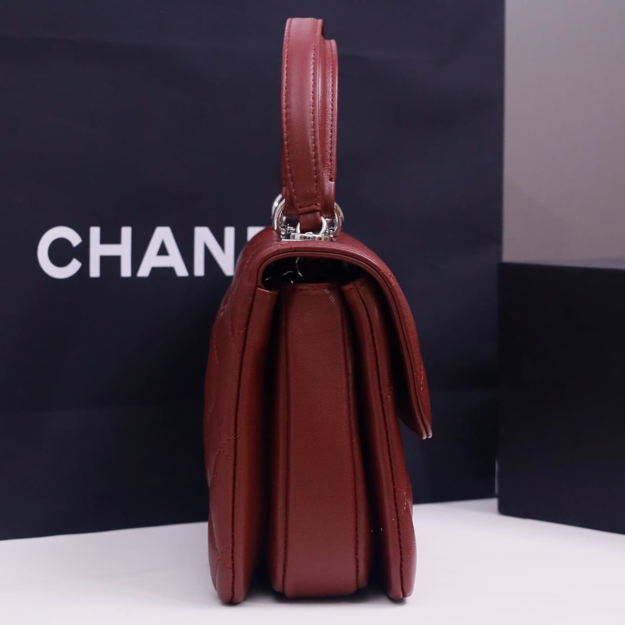 SMALL FLAP BAG WITH TOP HANDLE Lambskin Silver Metal Burgundy A