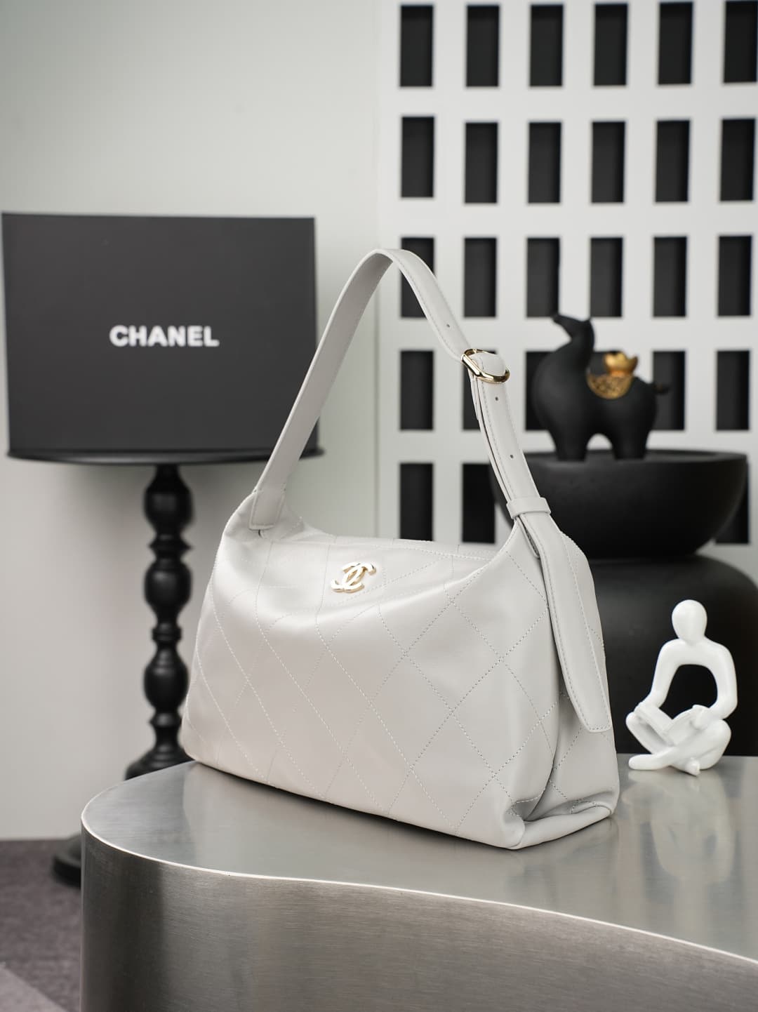 Chanel Maxi Hobo Bag Shiny Lambskin & Gold-Tone Metal AS6139 Light Grey A