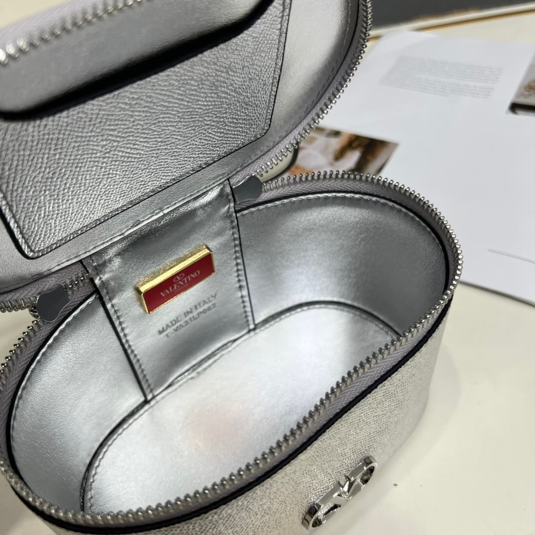 Valentino Garavani VLogo Signature Mini Vanity Bag in Silver Calfskin Mid