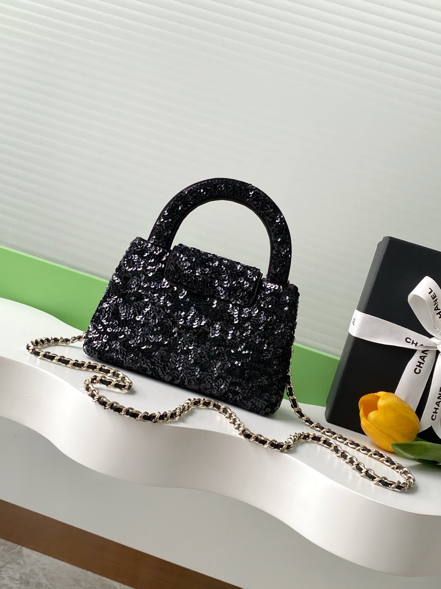 Chanel Mini Shopping Bag Sequins & Gold-Tone Metal AS4416 Black A