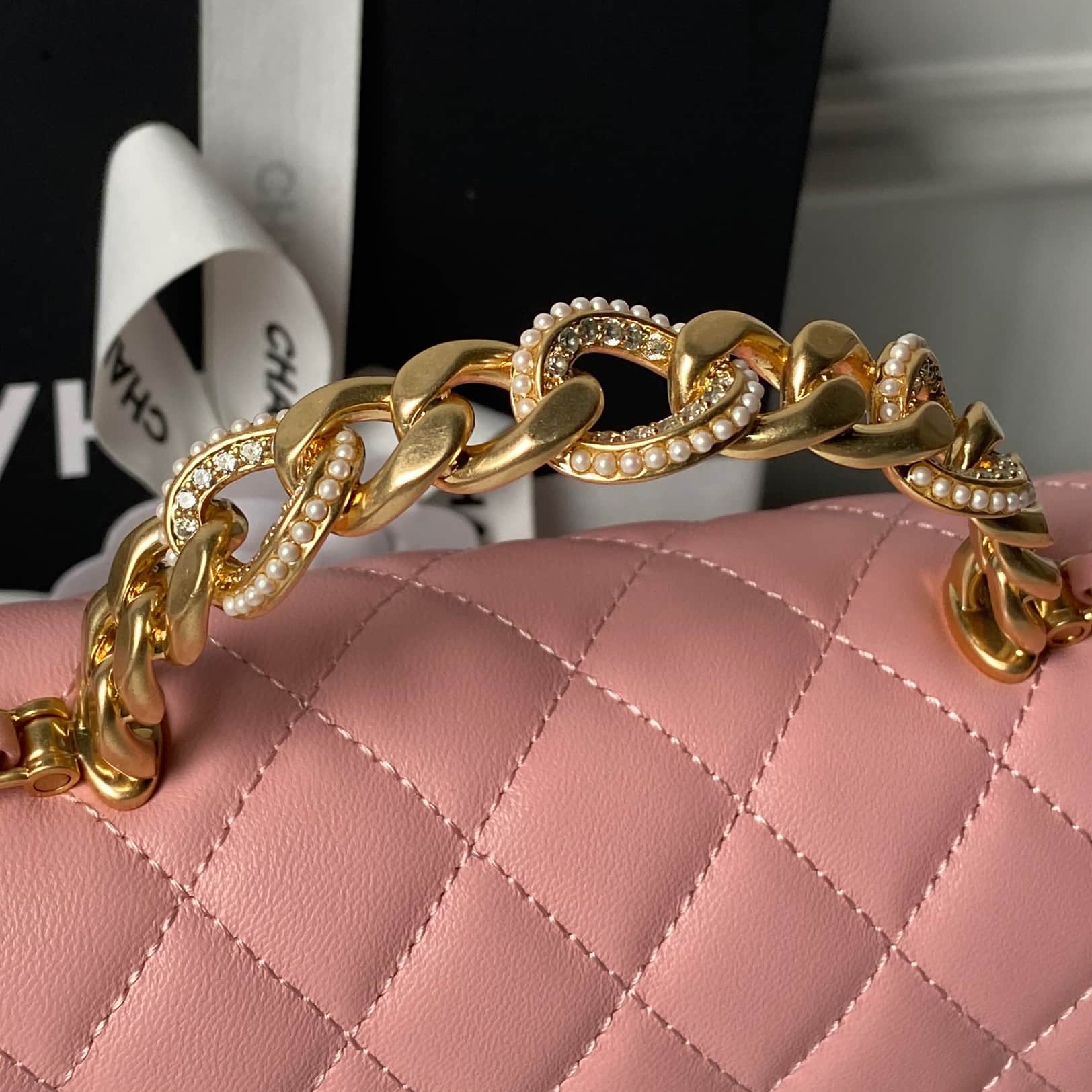 Chanel Small Flap Bag with Top Handle Lambskin& Gold-tone Metal Light Pink AS5814 A