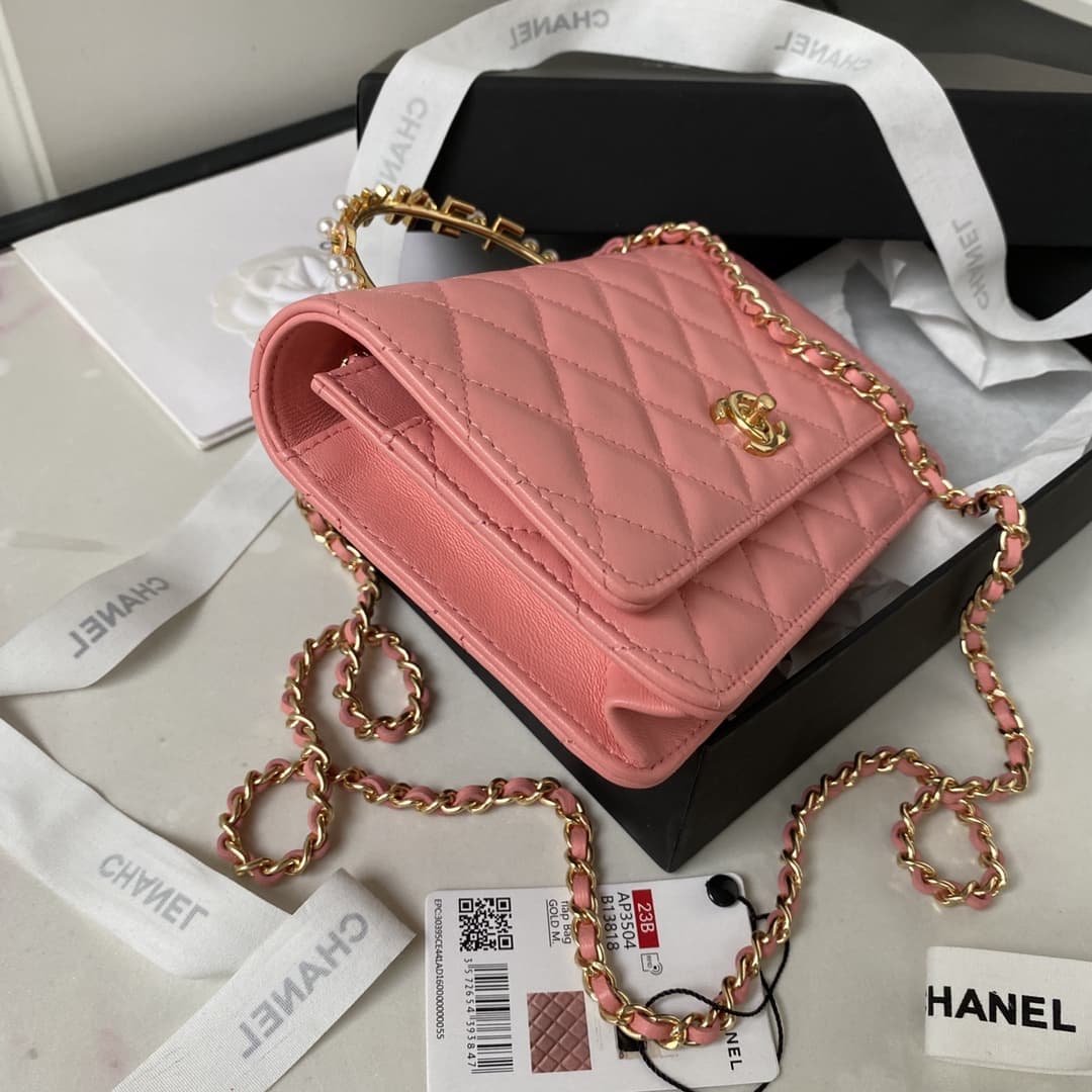 Chanel Wallet on Chain AP3504 Lambskin, Imitation Pearls, Strass & Gold-Tone Metal Pink A