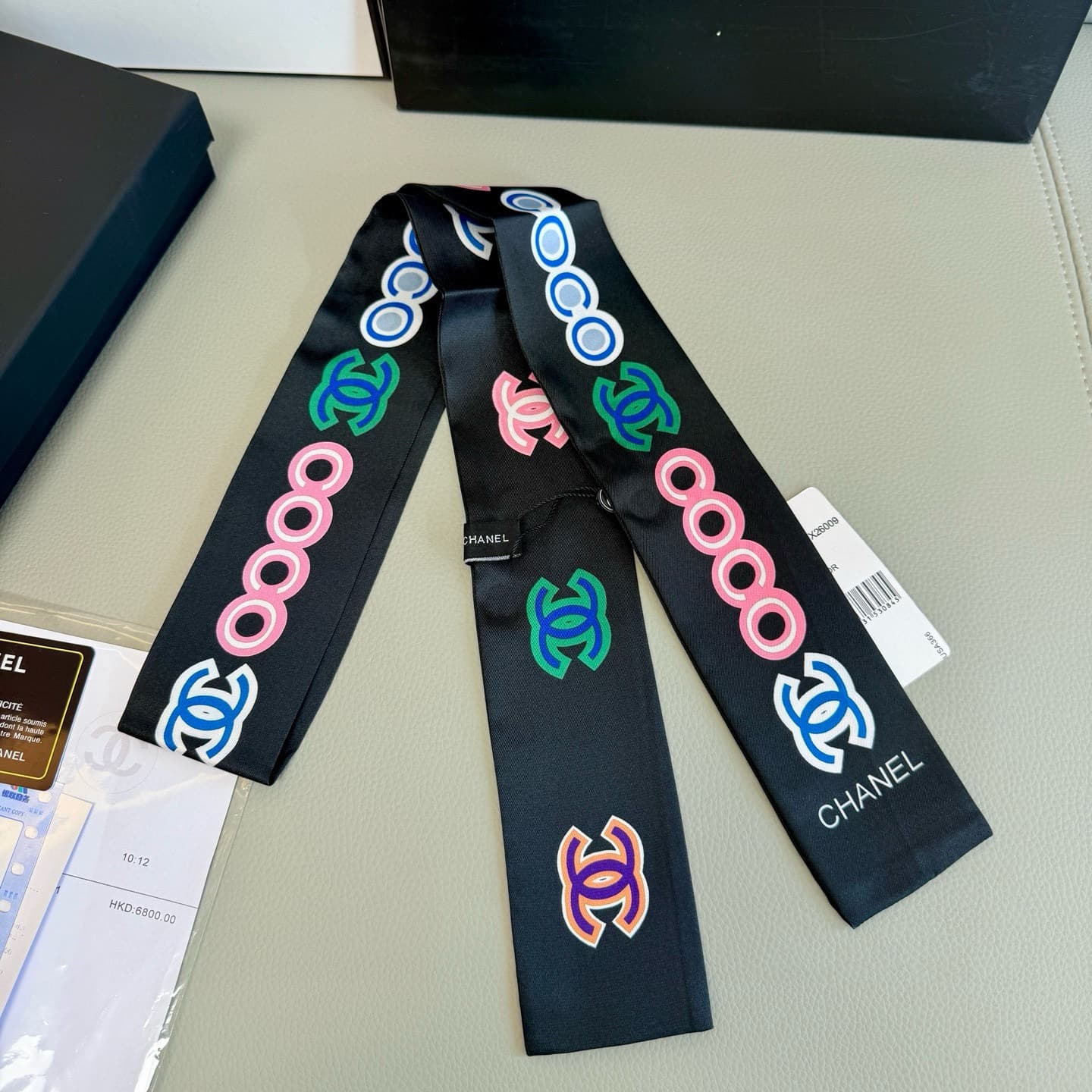Chanel Black Silk Bandeau Slim Scarf