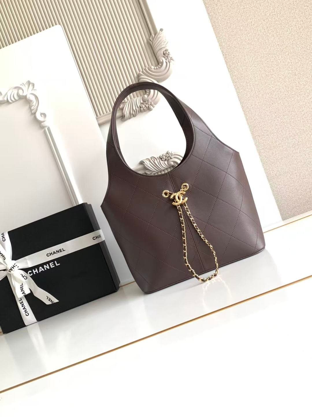 Chanel Medium Shopping Bag Dark Brown Leather & Gold-Tone Metal AS6108 A