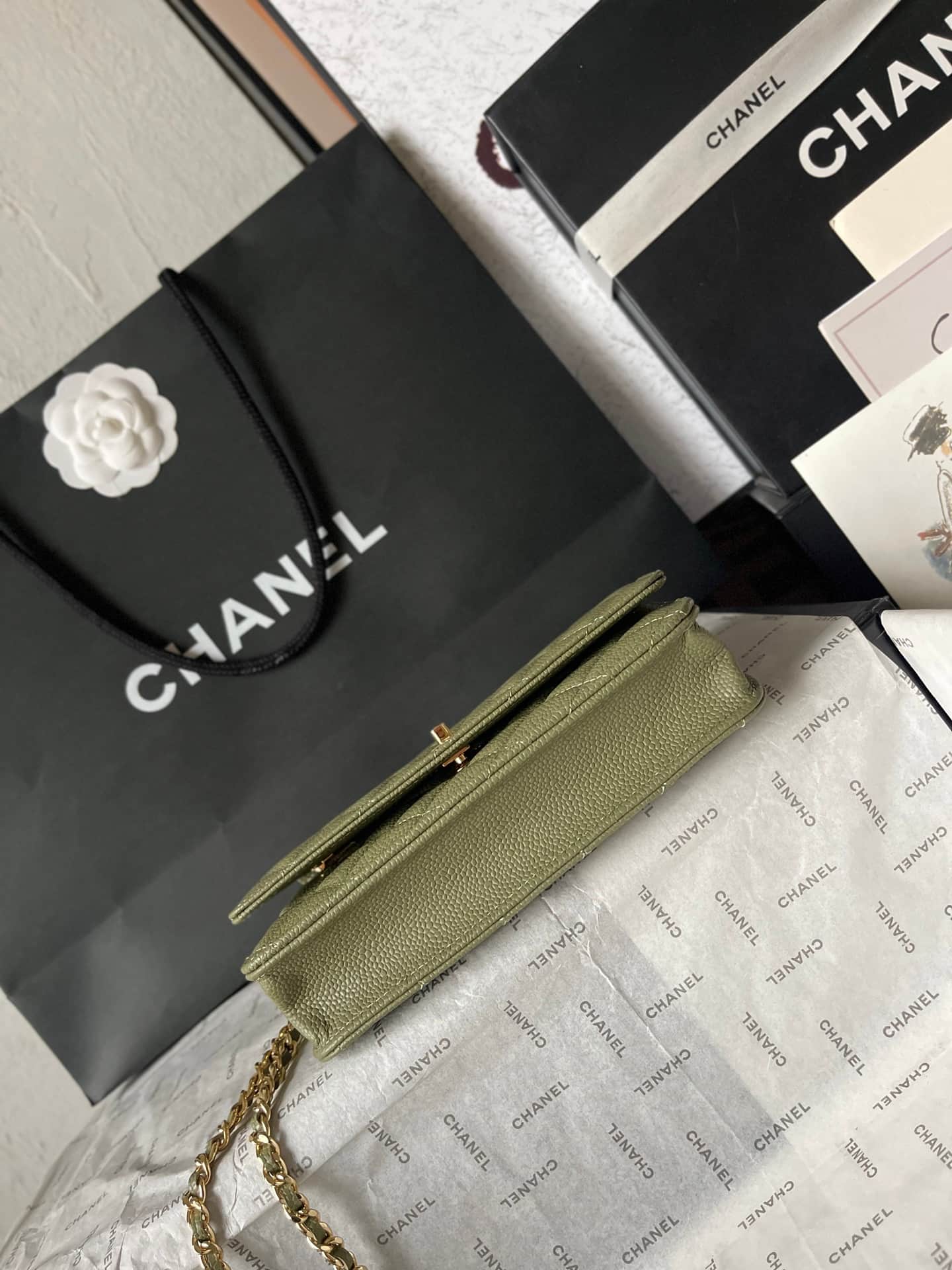 Chanel Classic Wallet on Chain Grained Shiny Calfskin & Gold-Tone Metal AP4241 Dark Green A