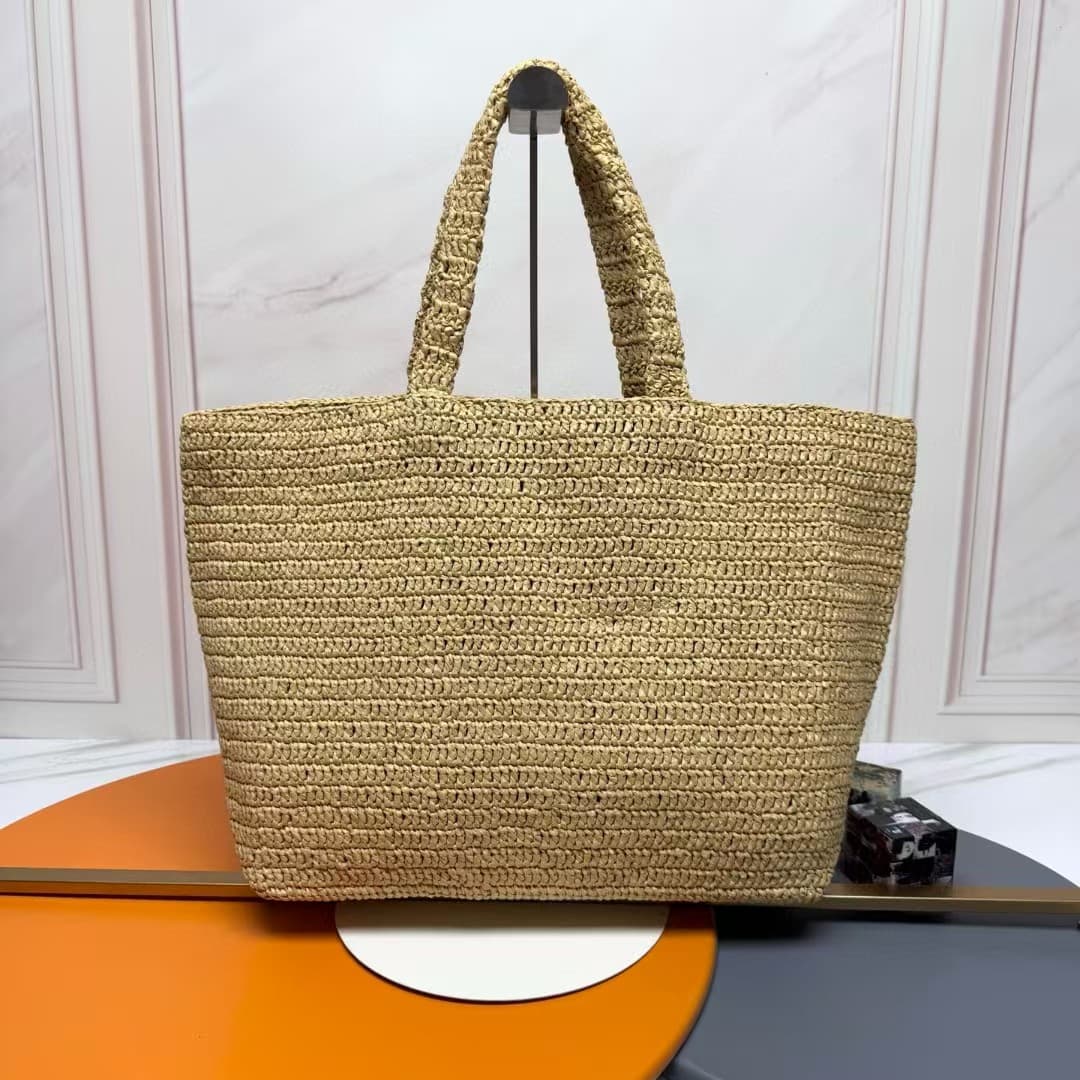 YSL Large Logo Embroidered Raffia Tote Bag High