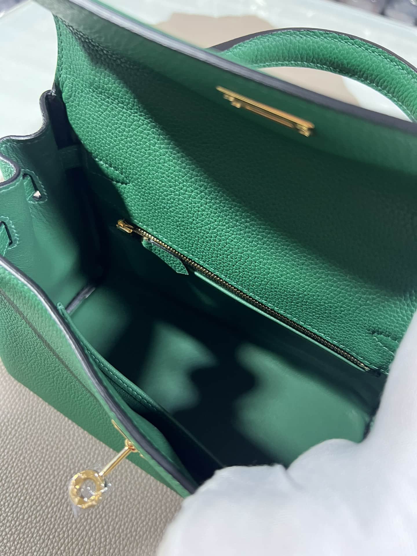 Hermes Kelly 25/28/32cm Retourne Bag Togo Leather In Malachite WAX High