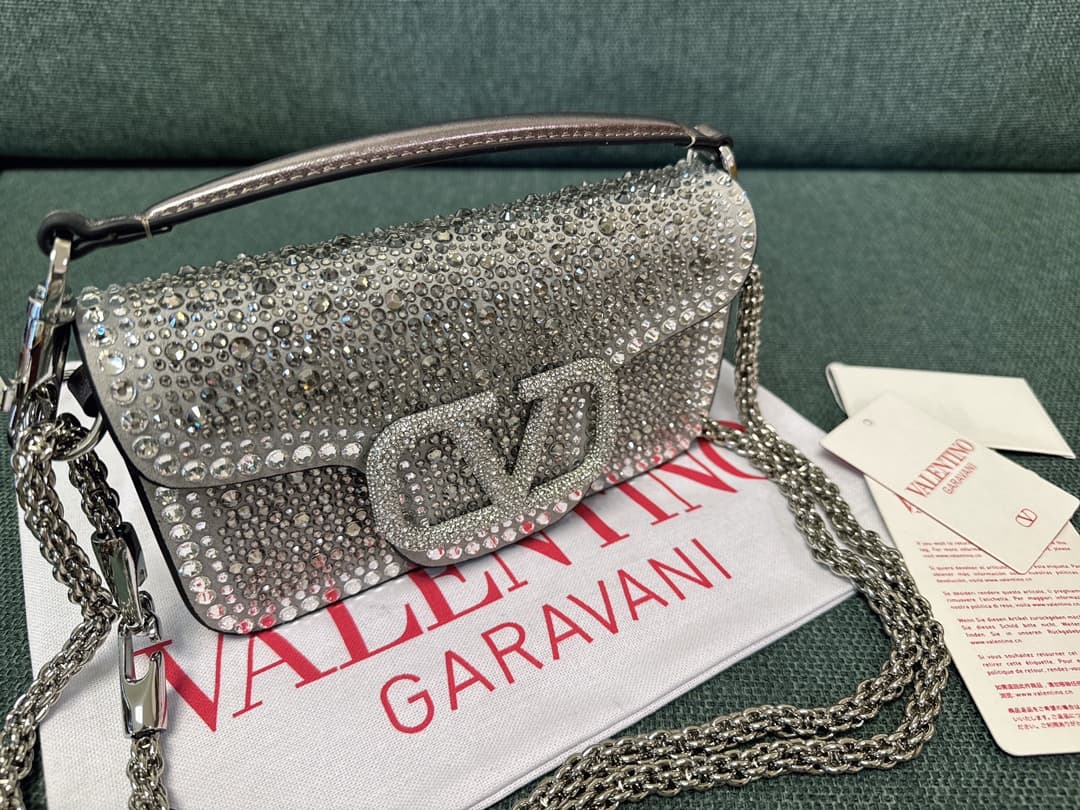 Valentino Garavani VLogo Loco Flap Embellished Leather Shoulder Bag Silver High