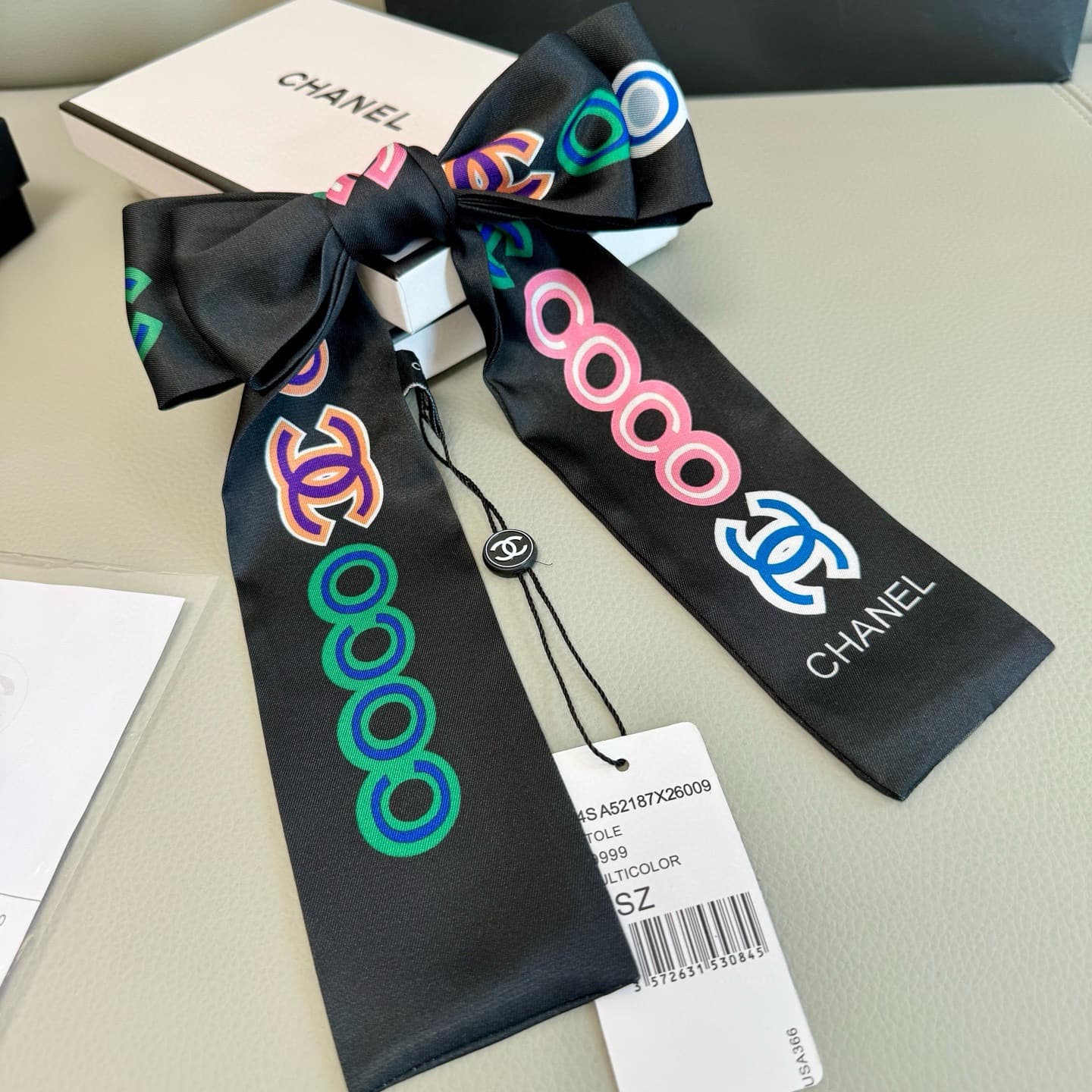 Chanel Black Silk Bandeau Slim Scarf