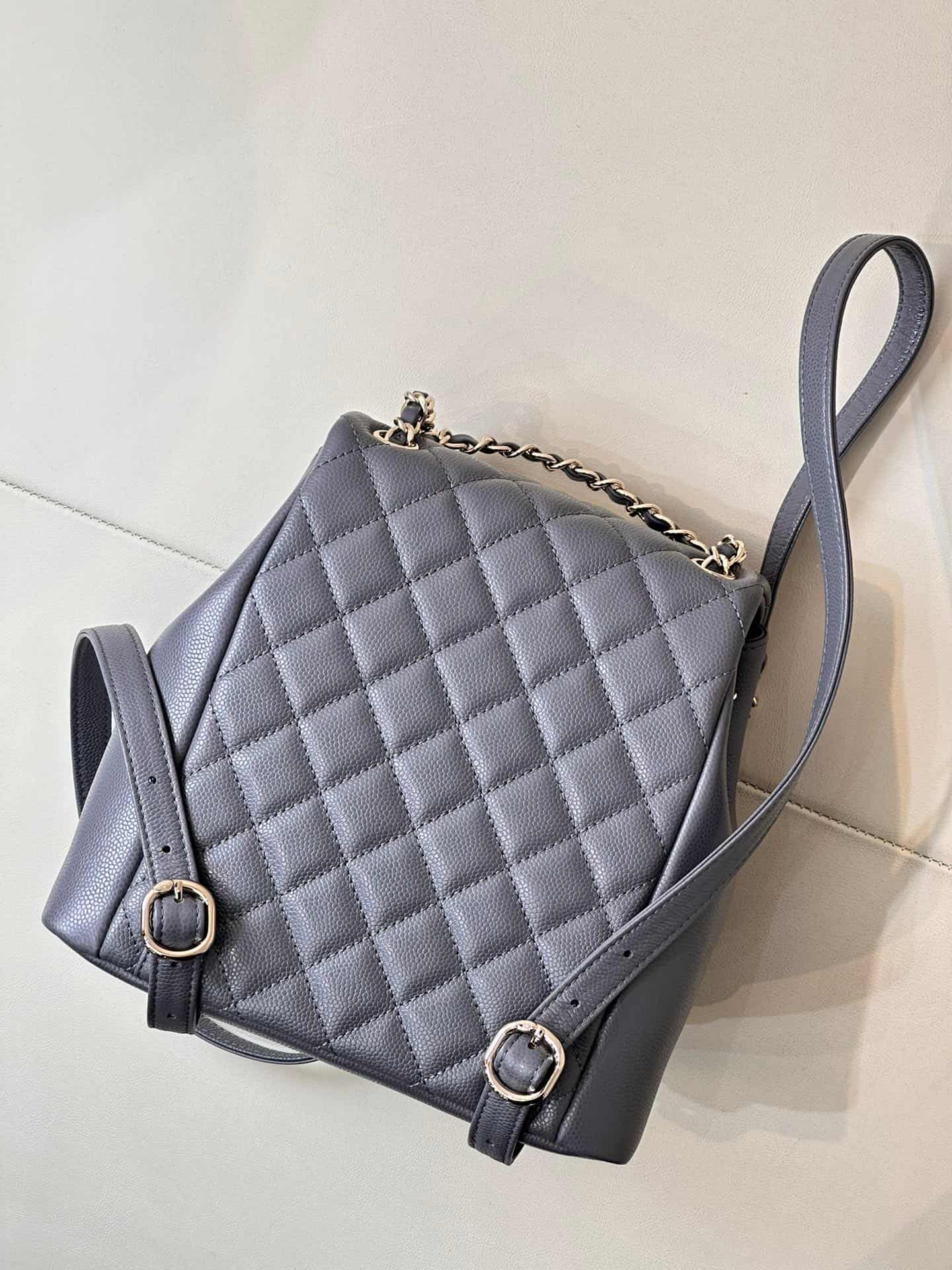 Chanel BACKPACK AS3860 Grained Shiny Calfskin & Gold-Tone Metal Dark Grey TOP