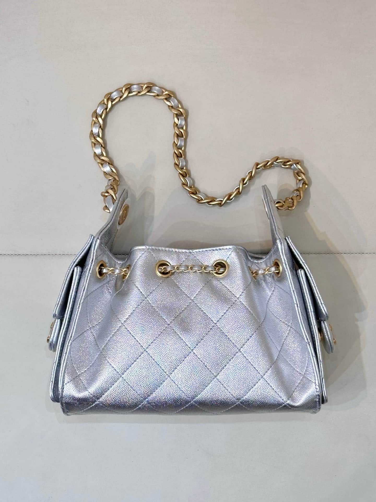 CHANEL 25 Mini Handbag AS5631 Grained Calfskin & Gold-tone Metal Silver TOP