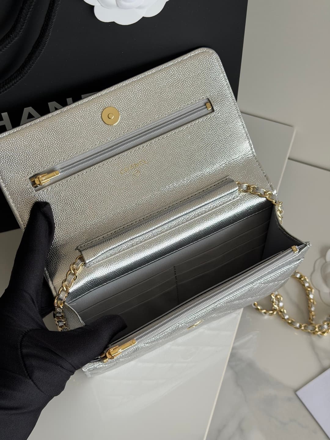 Chanel Wallet on Chain Shiny Grained Calfskin Strass & Gold-Tone Metal Silver AP5073 High