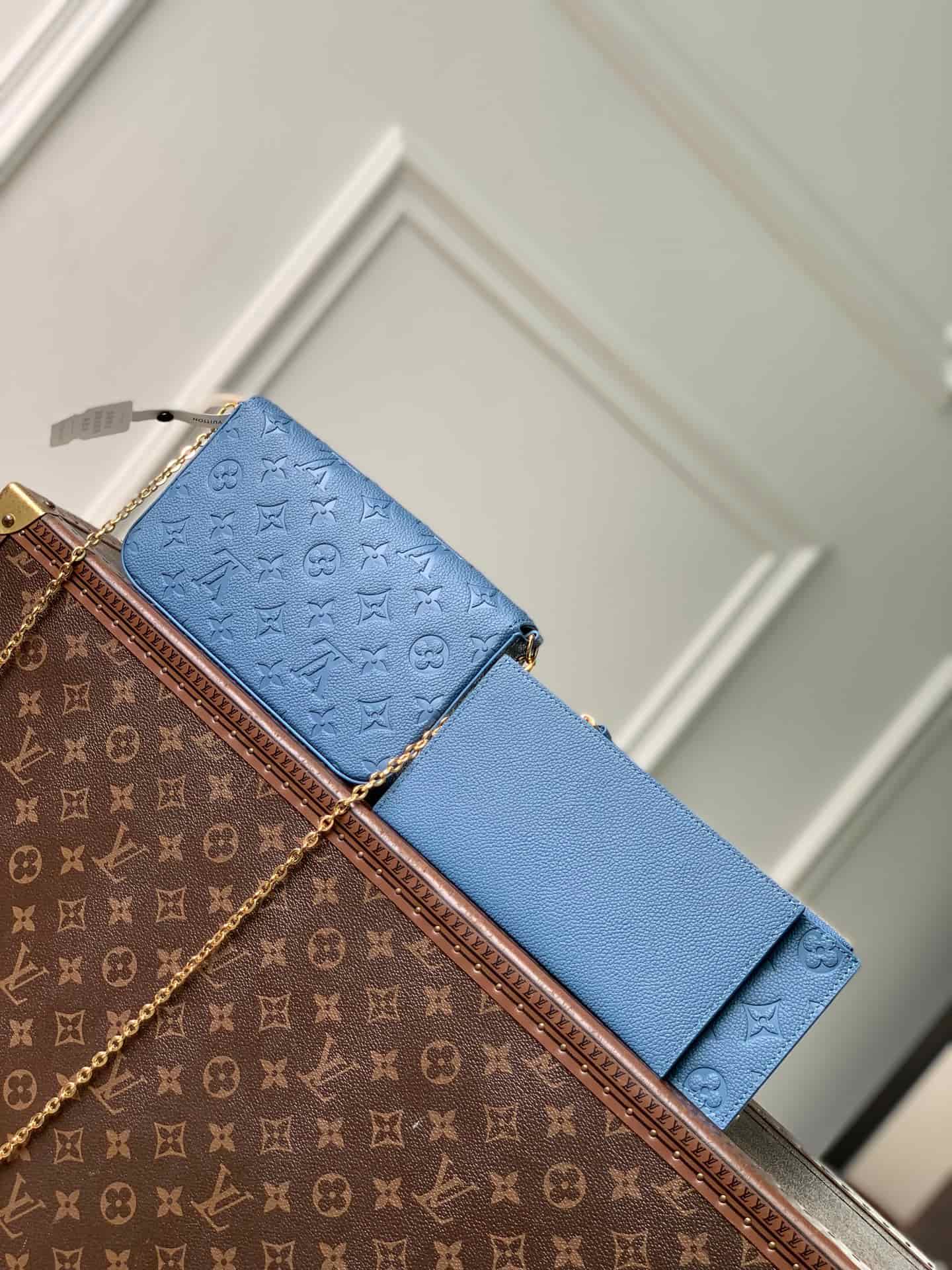 Louis Vuitton Pochette Félicie Denim Blue Embossed grained cowhide leather M28891 High