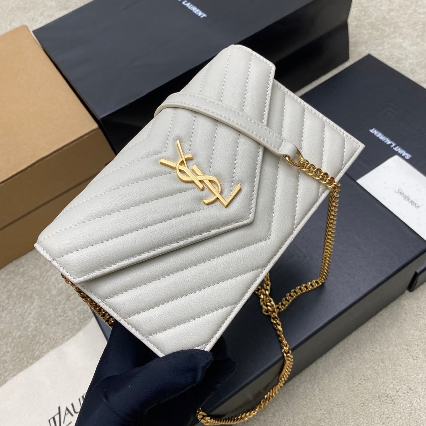 Saint Laurent Monogram Matelassé Cassandre Wallet on Chain White Lambskin 393953 High