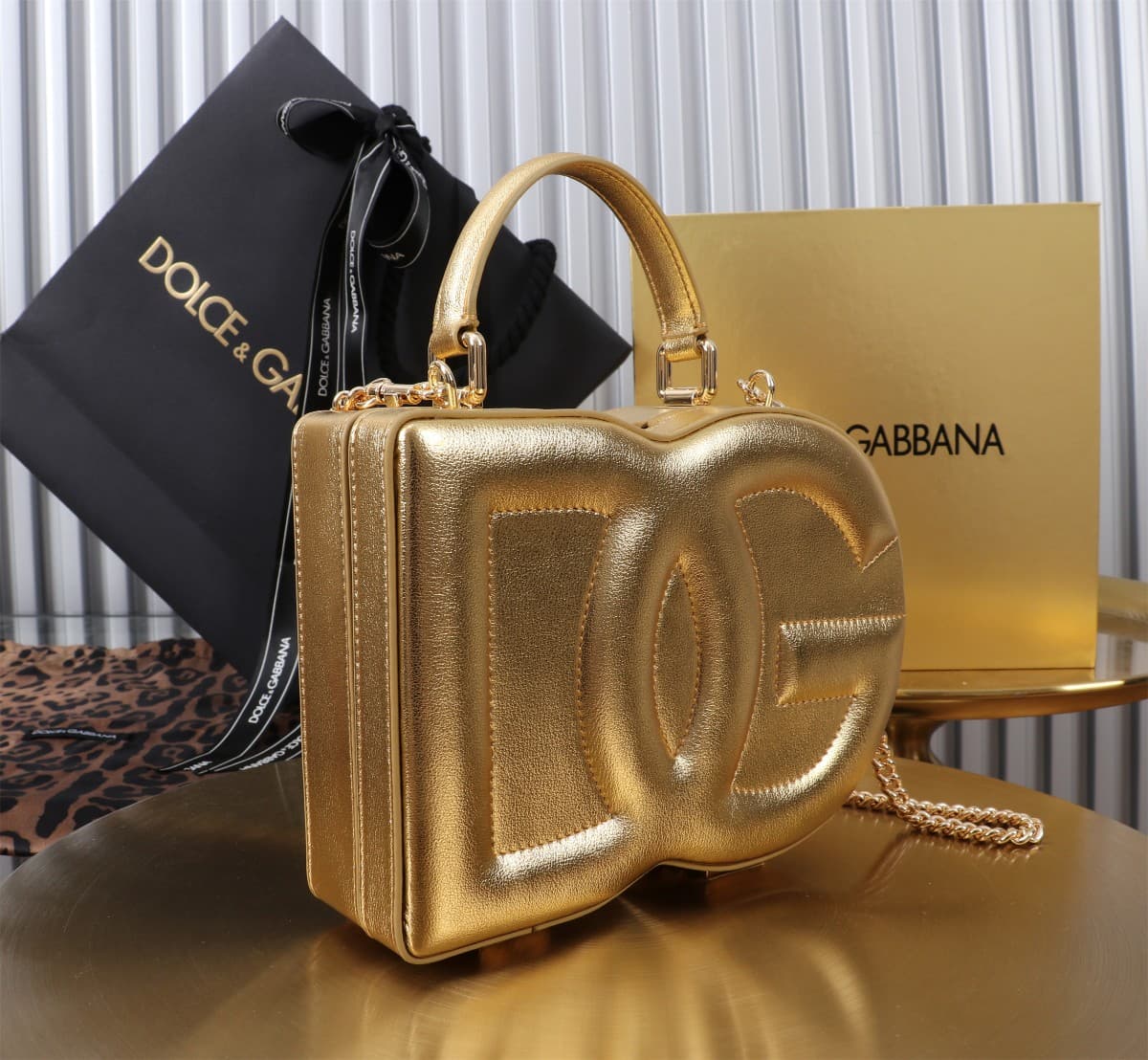 Dolce & Gabbana Gold leather DG Logo handbag high