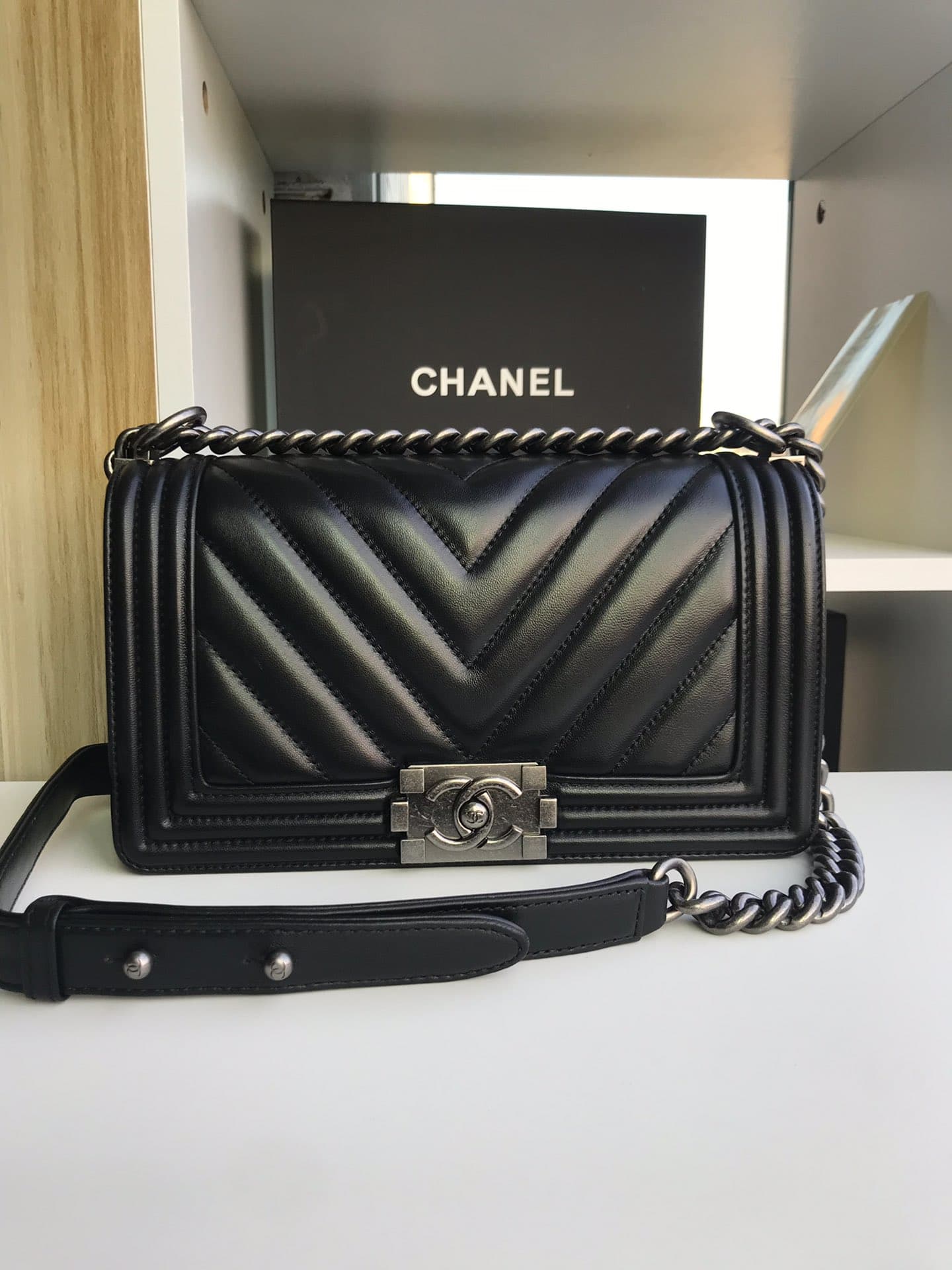 BOY Chanel HANDBAG Chevrons Pattern Lambskin Silver Metal Black High