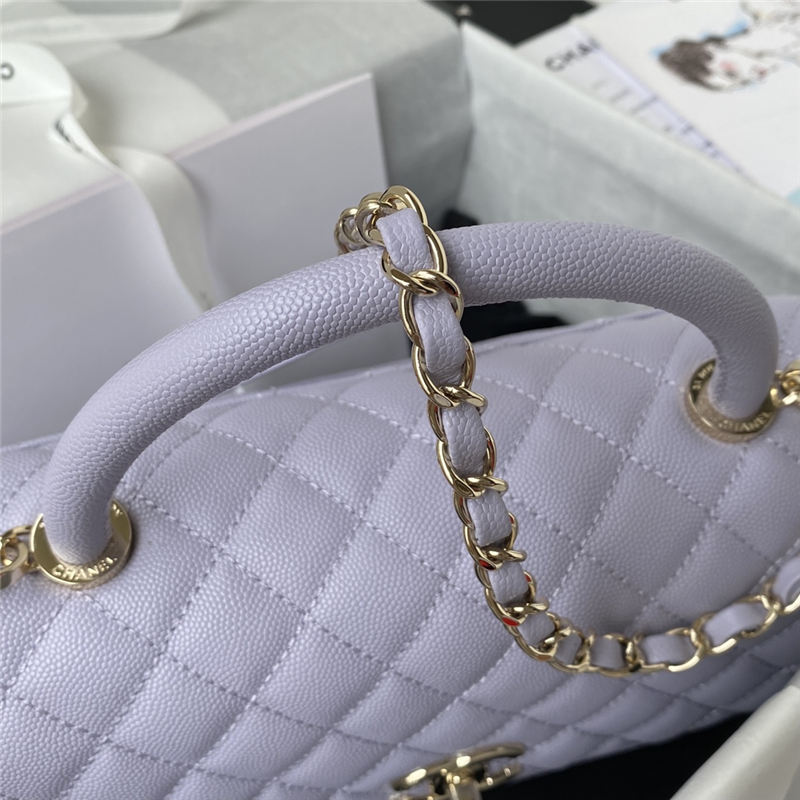Medium FLAP BAG WITH TOP HANDLE Grained Calfskin Gold Metal Lilac A