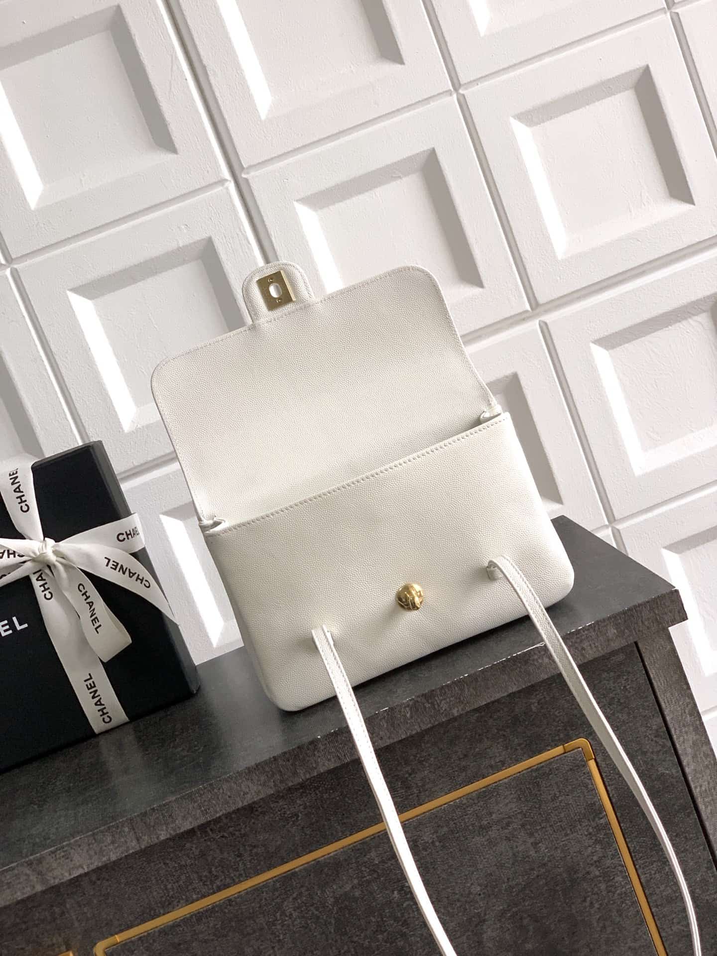 Chanel Clutch with Leather Strap Grained Shiny Calfskin & Gold-Tone Metal White  5809 High