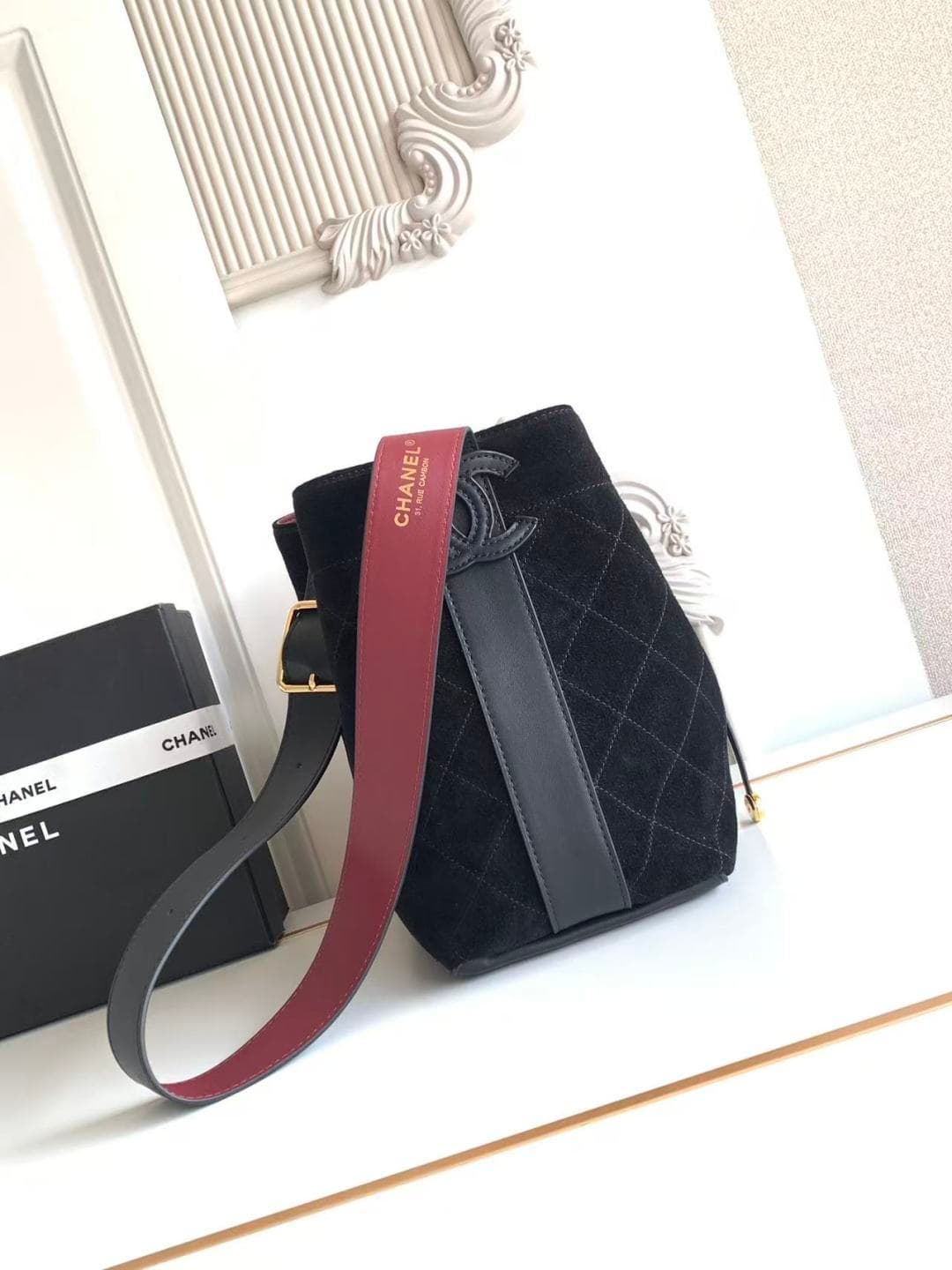 Chanel Small Bucket Bag Suede Calfskin & Gold-Tone Metal Black AS6584 A