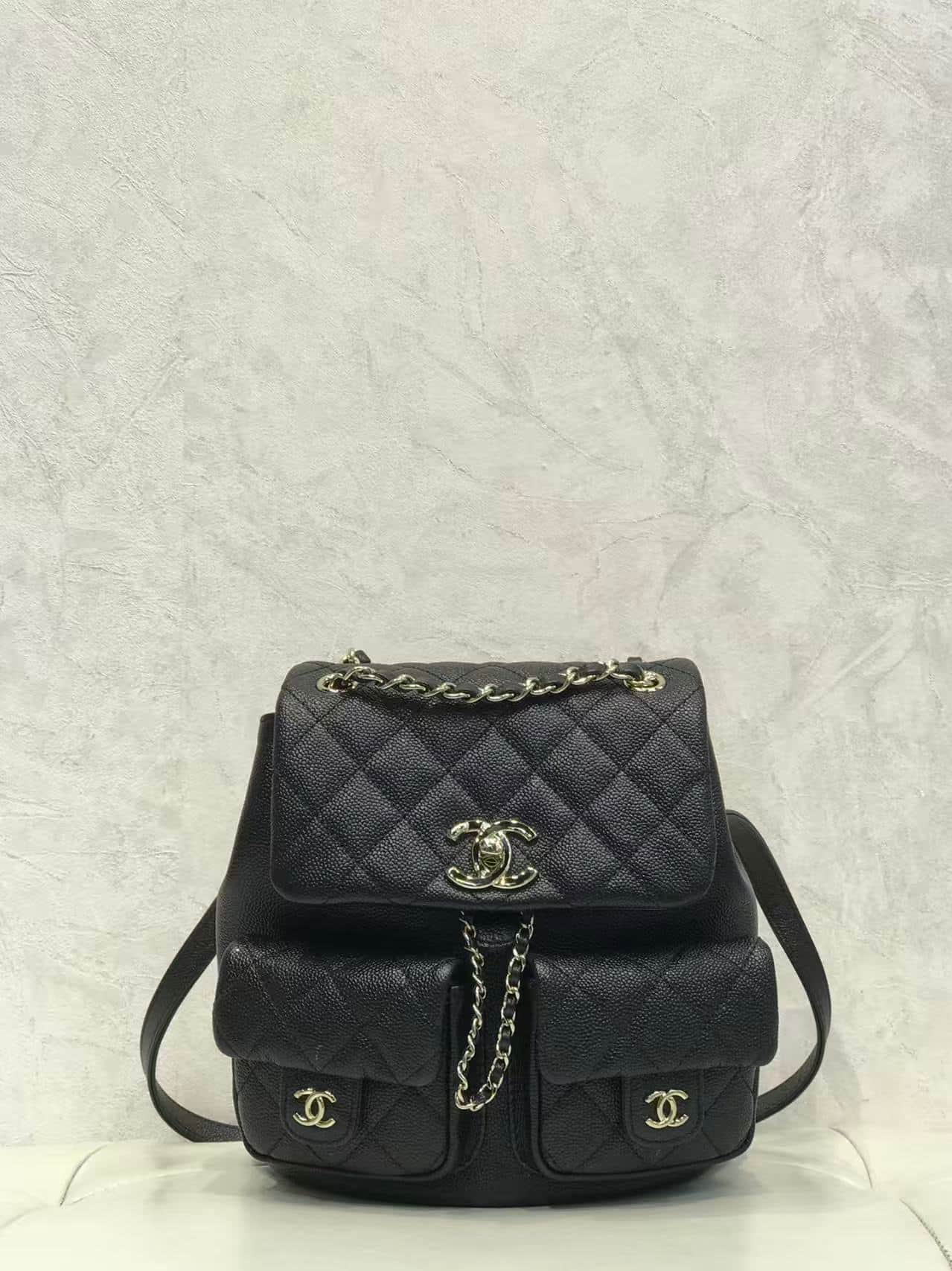Chanel BACKPACK AS3860 Grained Shiny Calfskin & Gold-Tone Metal Black TOP