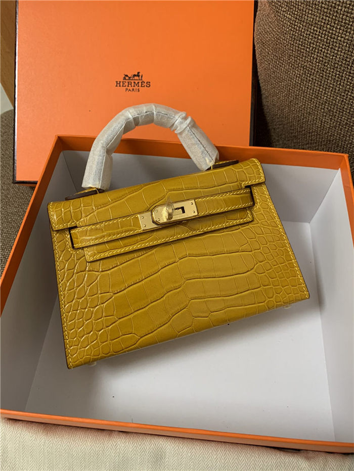 Hermes Kelly Mini II Bag Embossed Crocodile Leather WAX Silver/Gold Metal High Customizing style